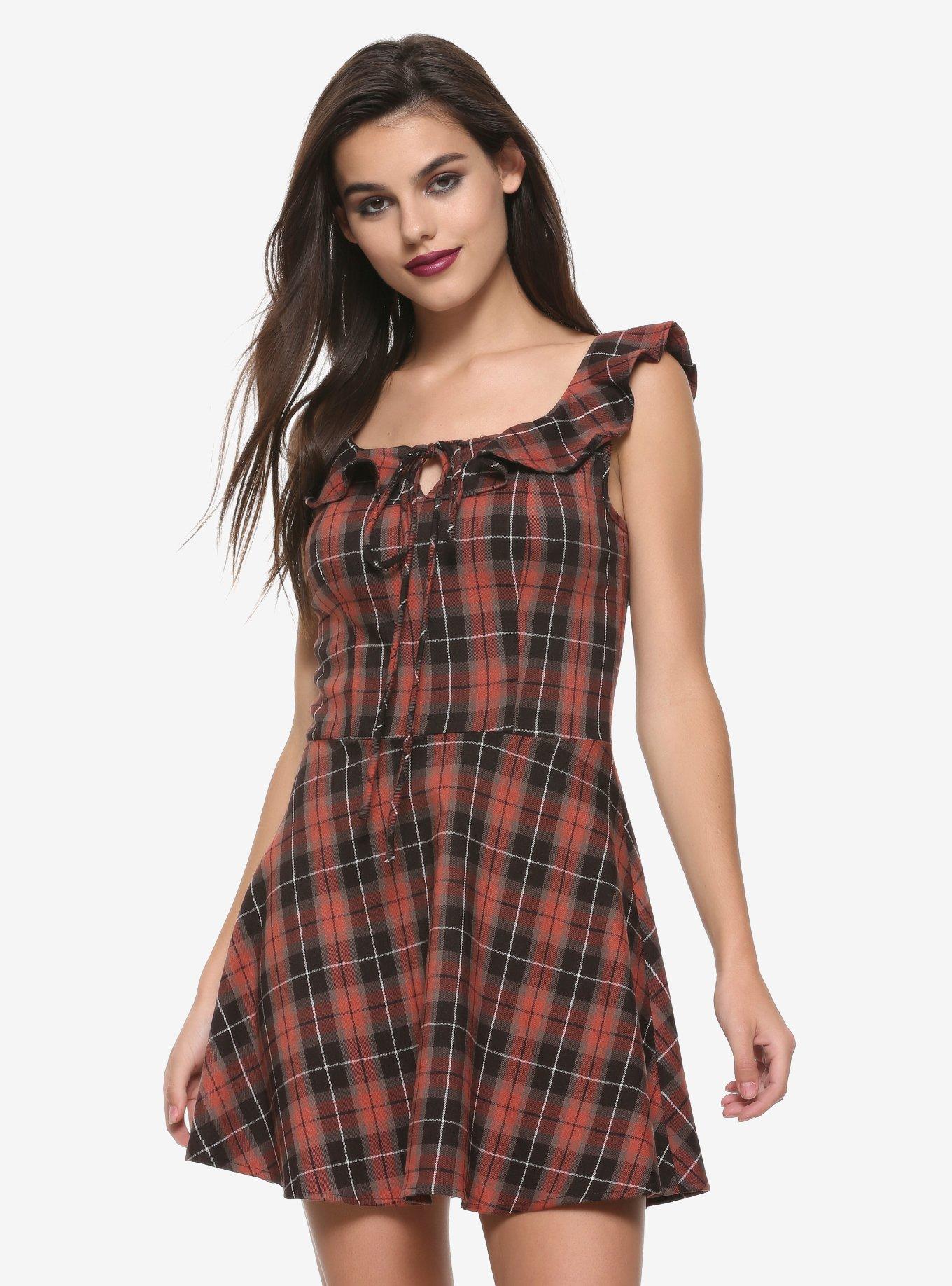 Brown Plaid Ruffle Dress, PLAID, hi-res