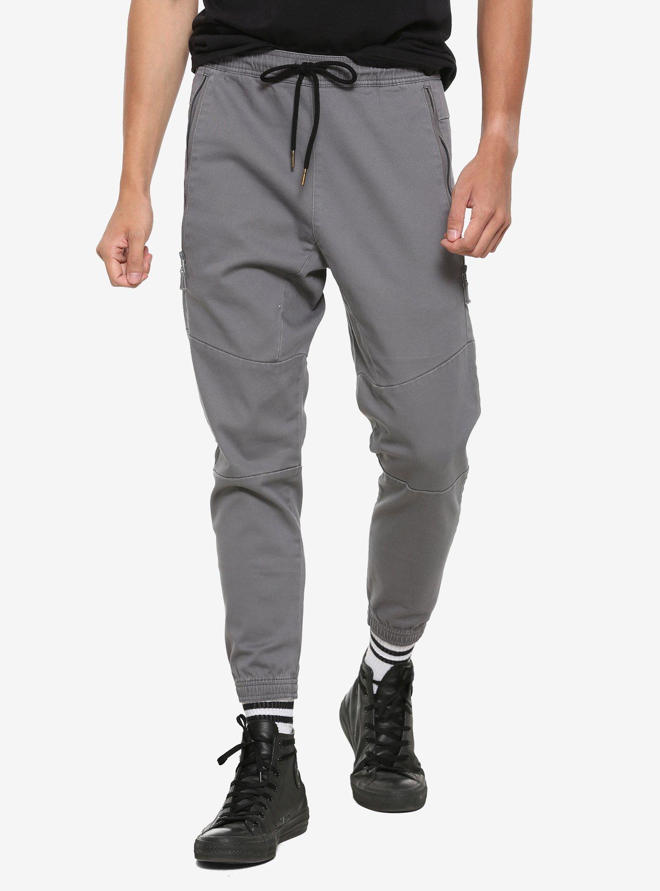 Grey Twill Zipper Jogger Pants, GREY, hi-res