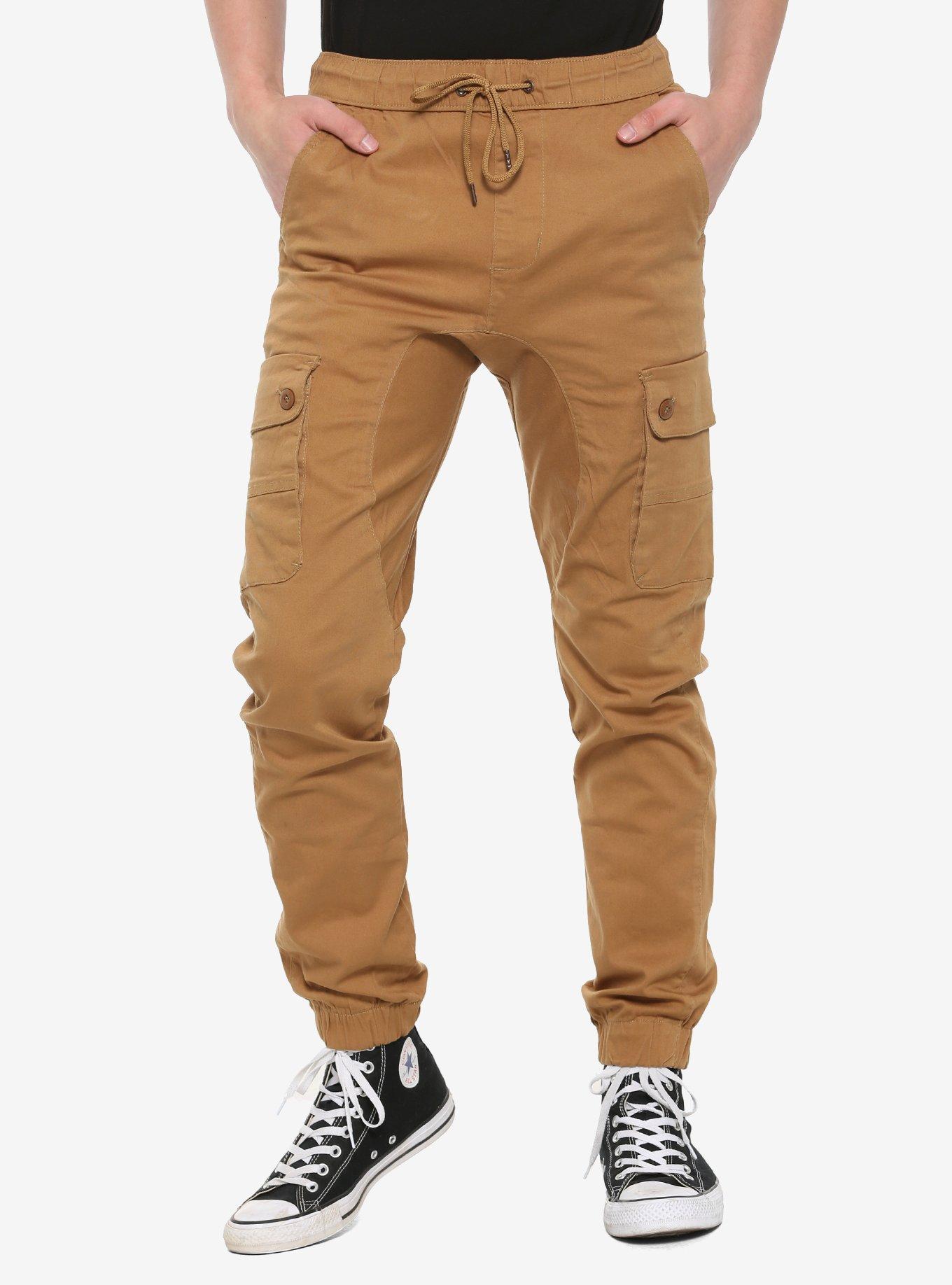 Khaki Drawstring Cargo Pants, KHAKI, hi-res