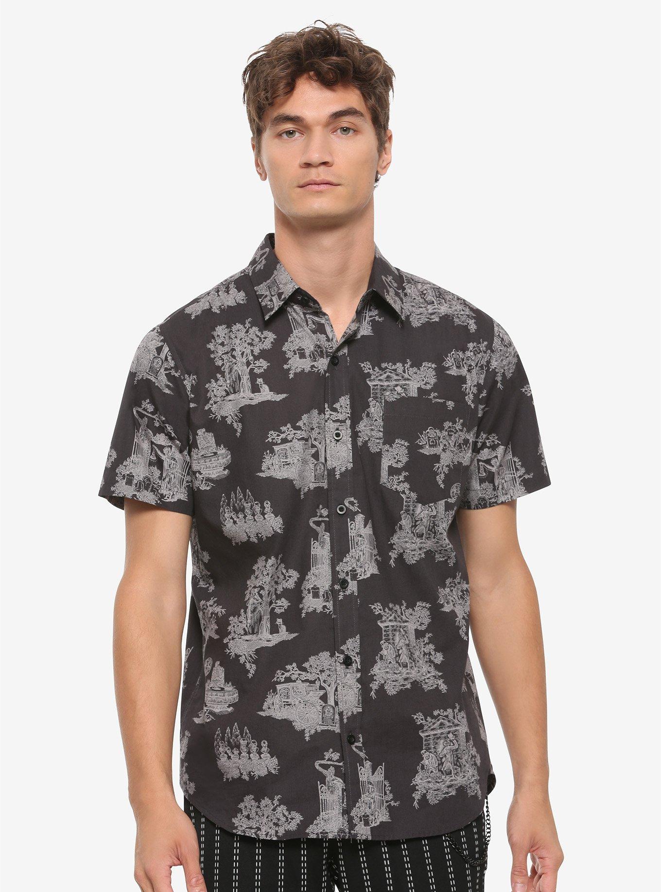 Our Universe Disney The Haunted Mansion Allover Print Woven Button-Up - BoxLunch Exclusive, BLACK, hi-res