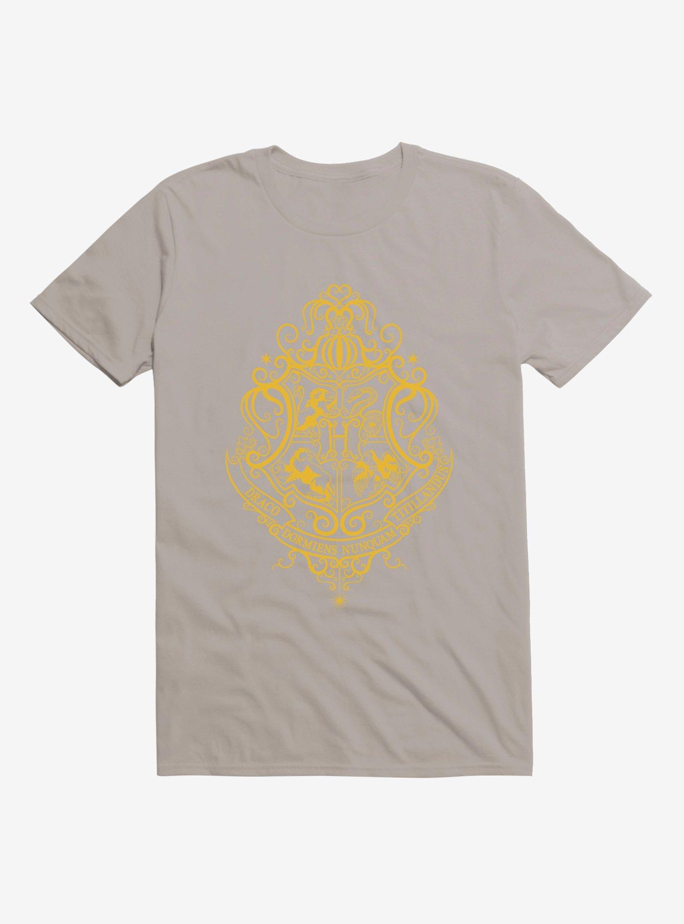 Harry Potter Hogwarts Shield Yellow Outline T-Shirt, LIGHT GRAY, hi-res