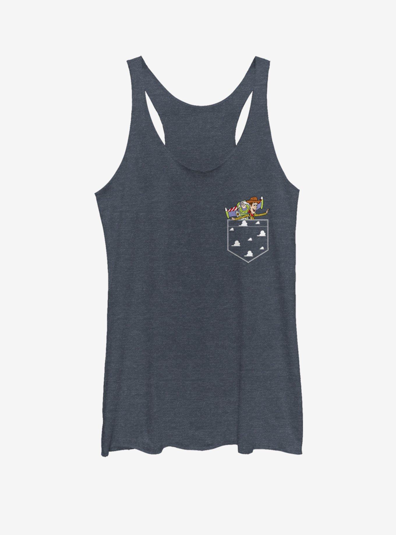 Disney Pixar Toy Story Buzz and Woody Flying Faux Pocket Womens Tank Top, NAVY HTR, hi-res