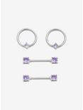 14G Steel Purple CZ Nipple Barbell & Hoop 4 Pack, , hi-res