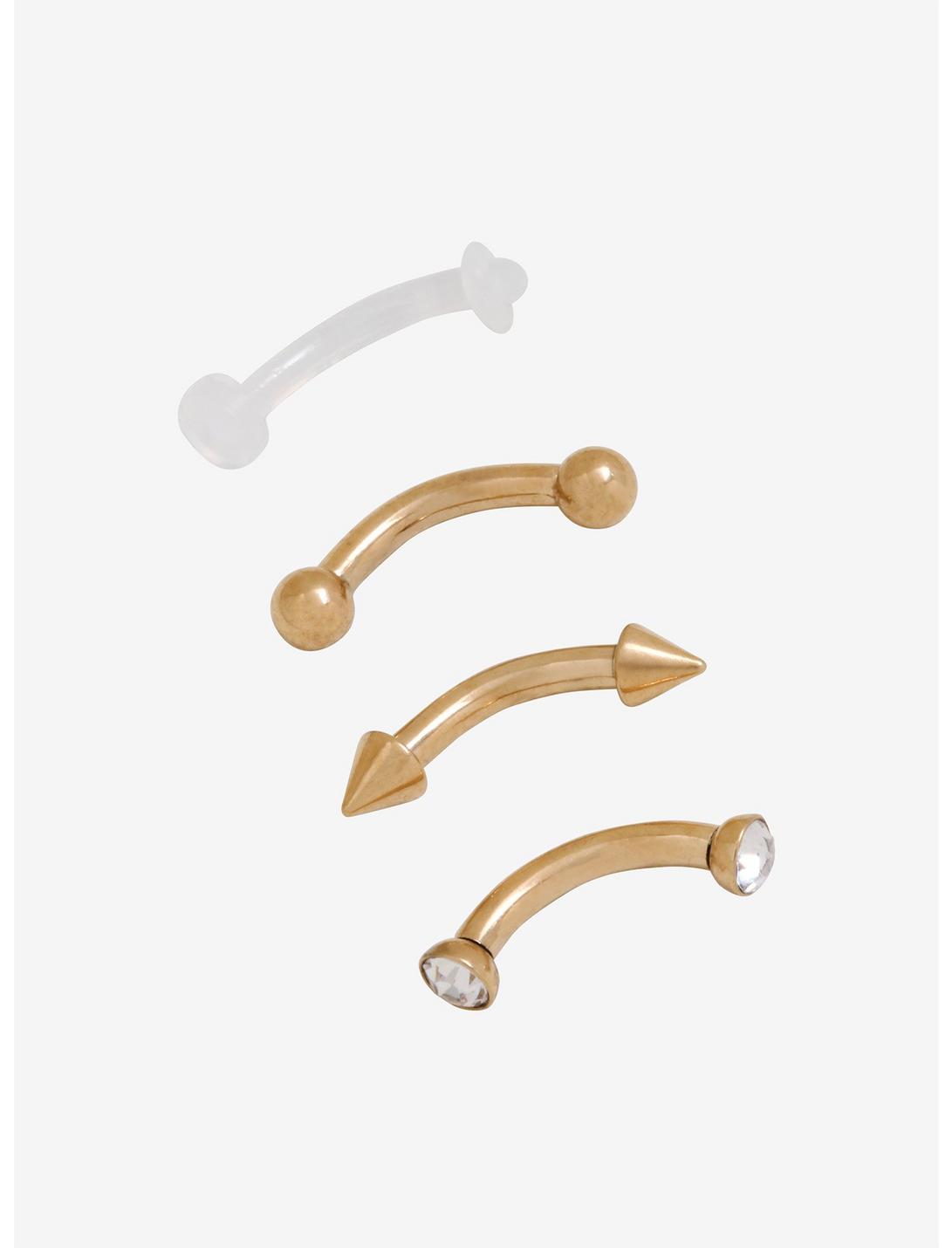 14K Gold Plated Titanium Eyebrow Barbell & Retainer 4 Pack, MULTI, hi-res