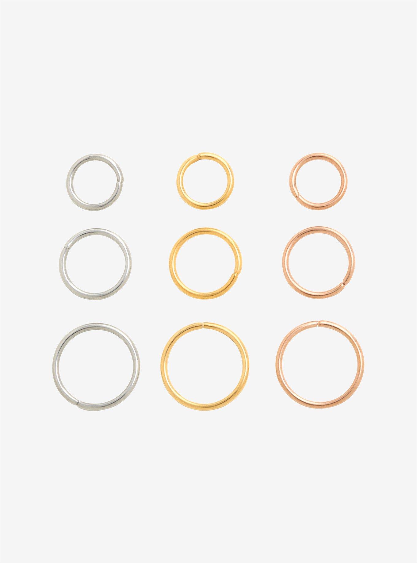 Steel Silver Gold Rose Gold Multi Size Seamless Nose Hoop 9 Pack, , hi-res