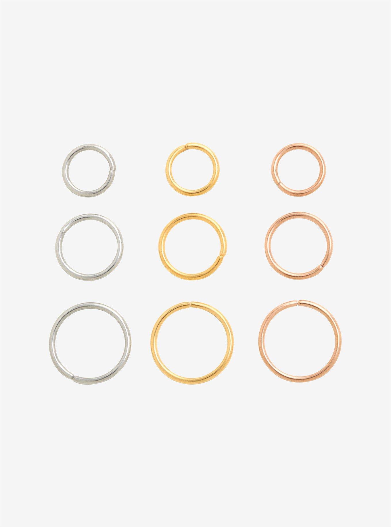 Steel Silver Gold Rose Gold Multi Size Seamless Nose Hoop 9 Pack, MULTI, hi-res