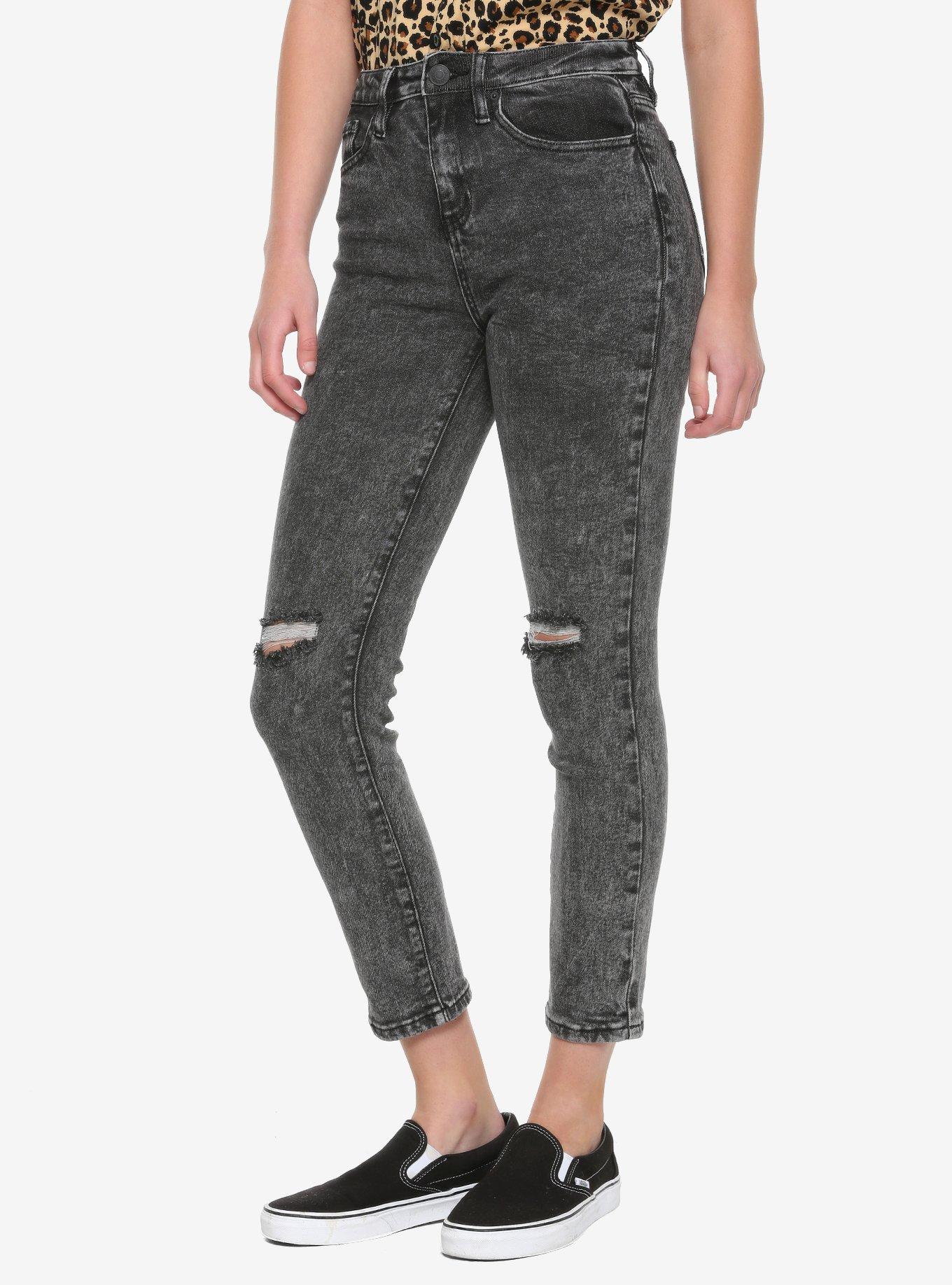 Black Acid Wash Distressed Hi-Rise Skinny Jeans, BLACK, hi-res