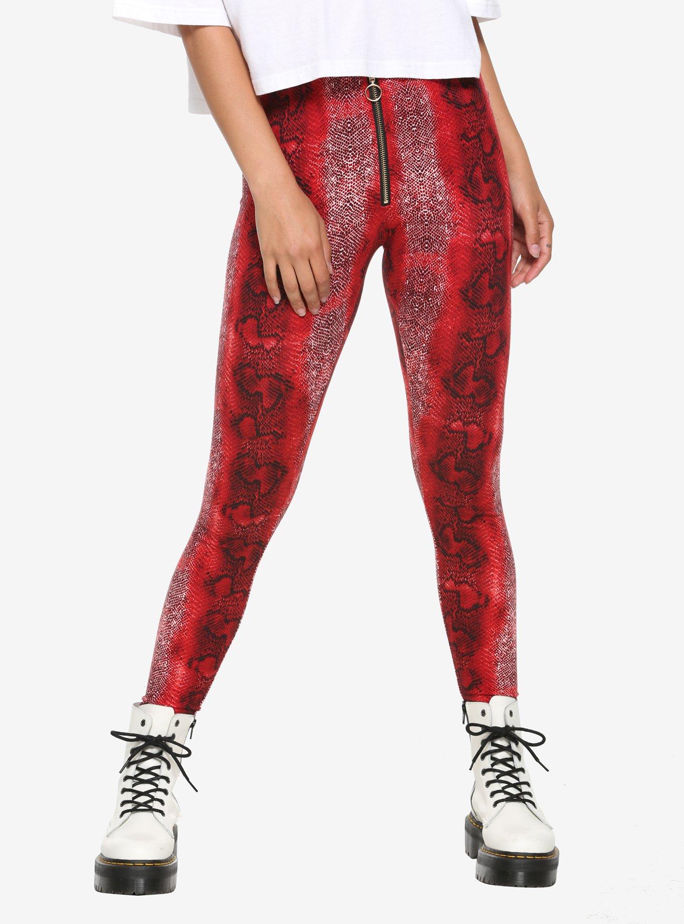 Zip Front Red Snake Print Leggings, ANIMAL, hi-res