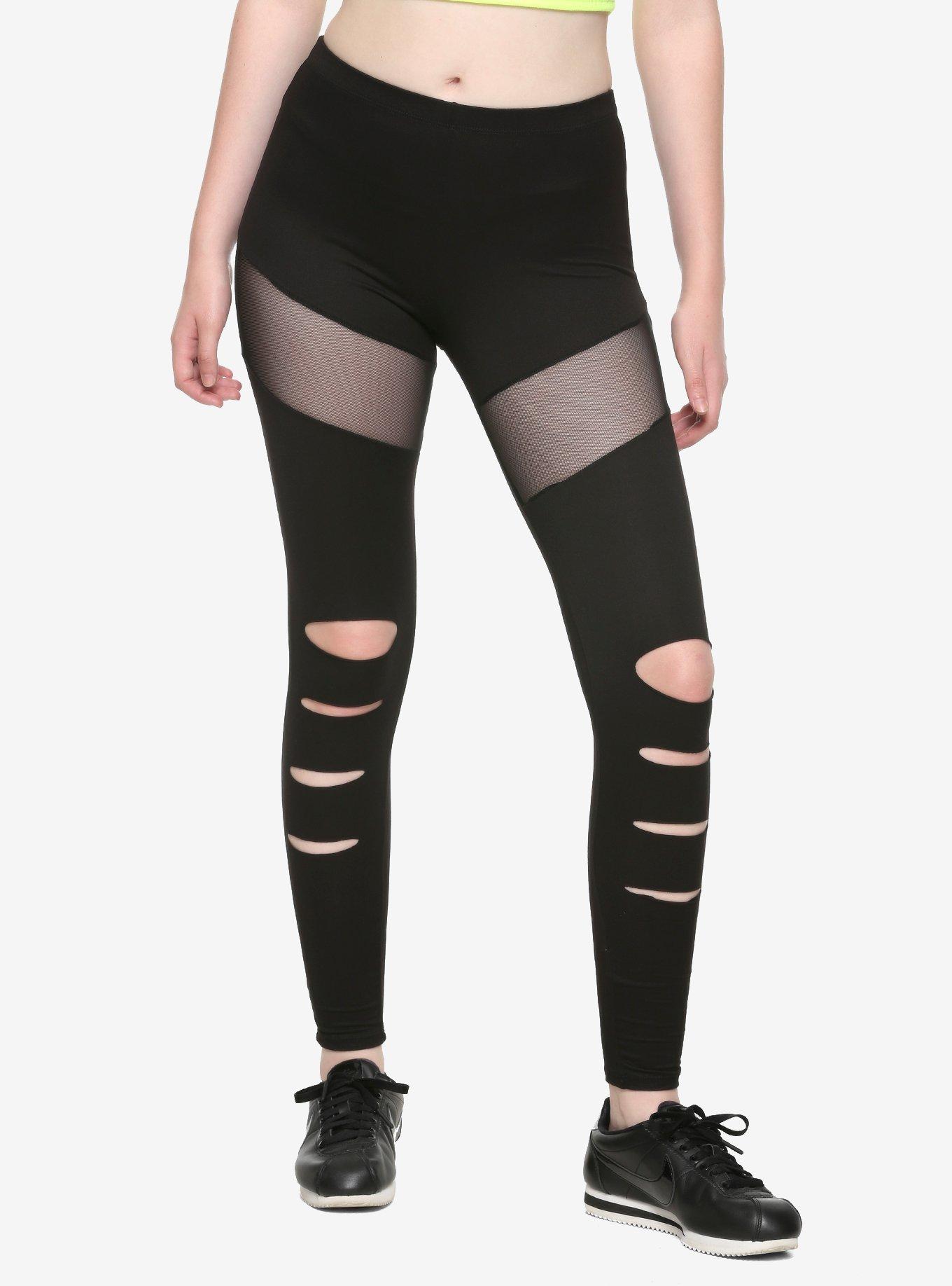 Mesh & Shredded Front Leggings, BLACK, hi-res