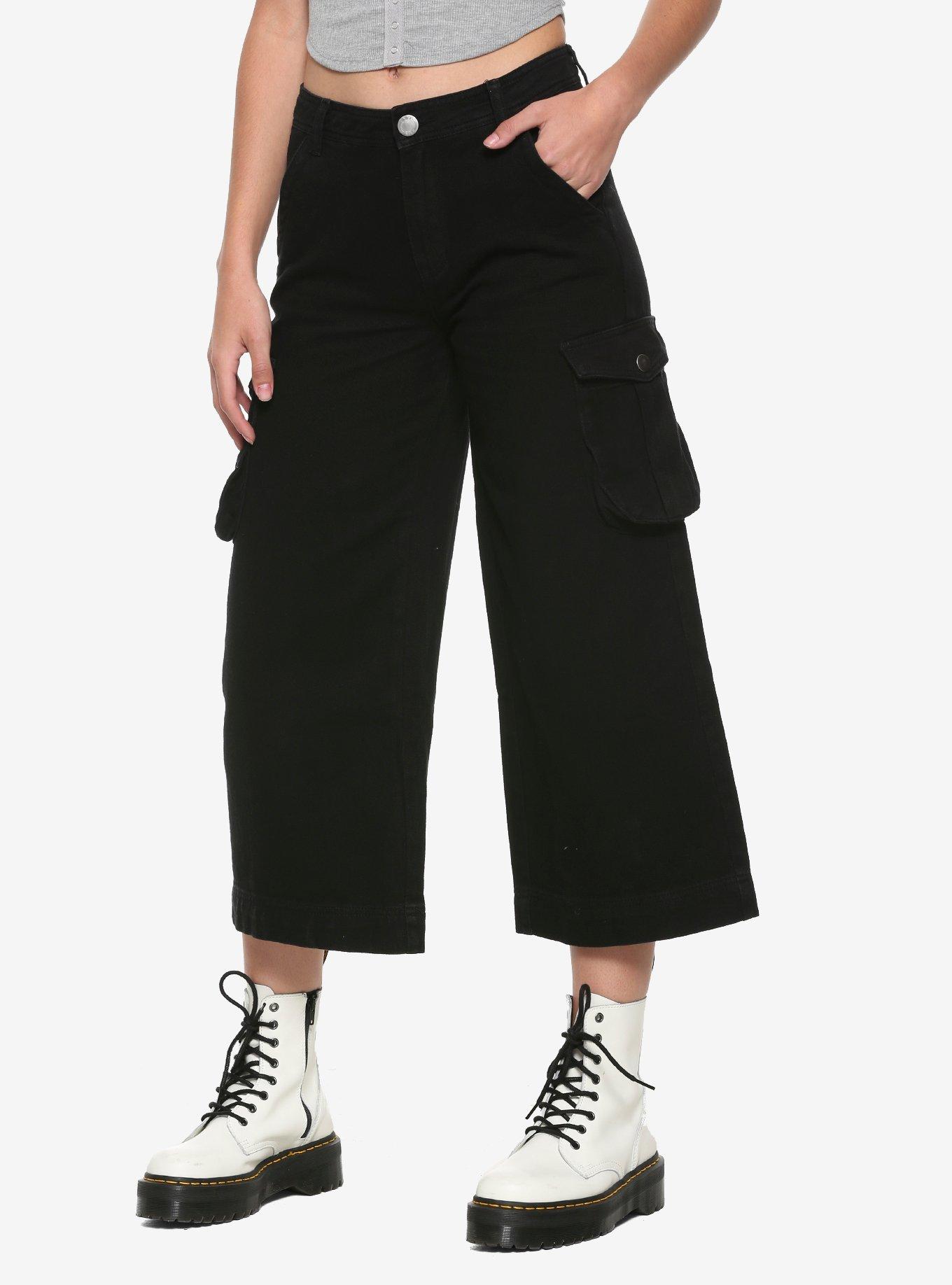 Cargo Pocket Wide Leg Crop Pants, BLACK, hi-res