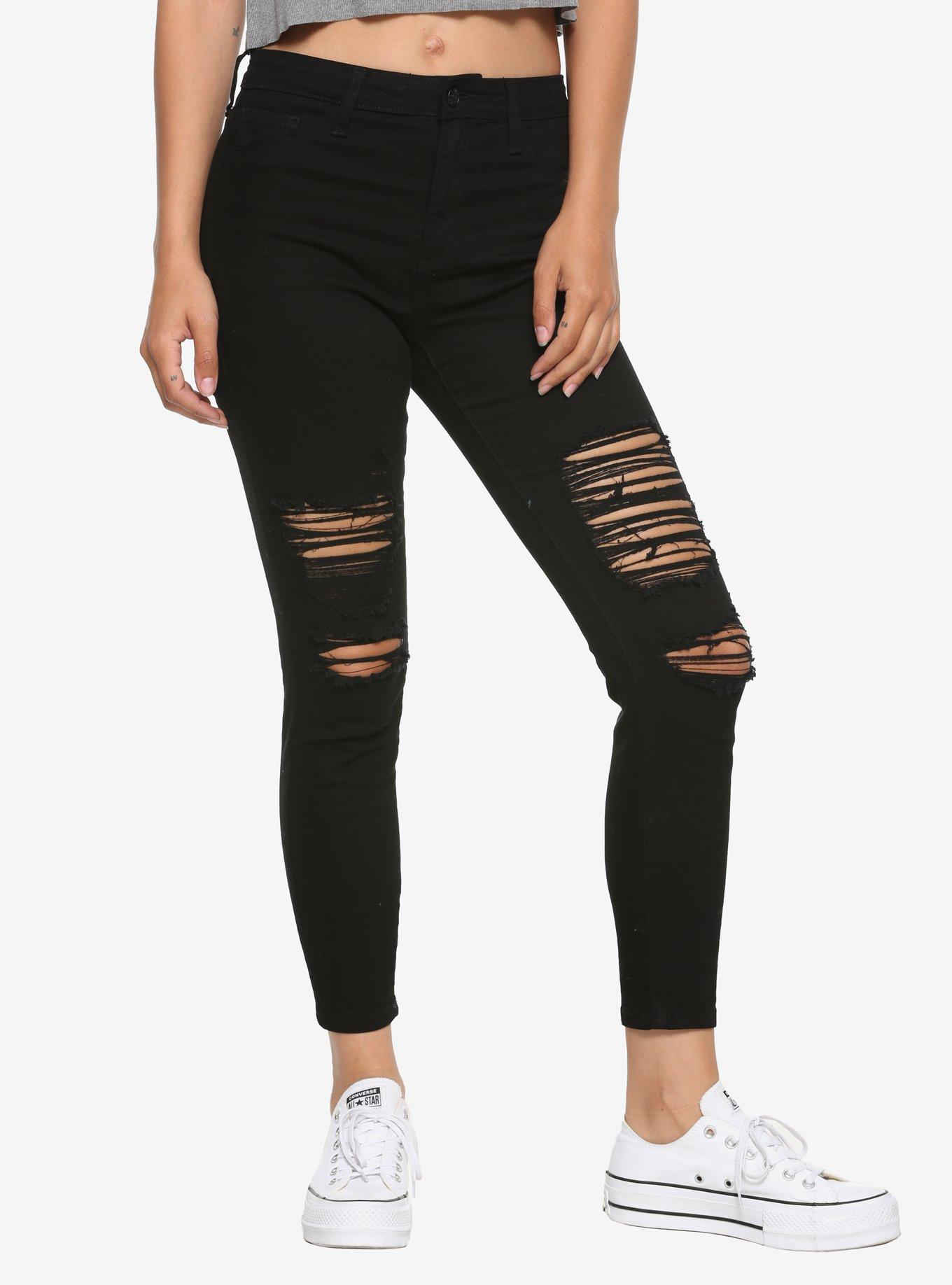 Black Destructed Hi-Rise Skinny Crop Jeans, BLACK, hi-res