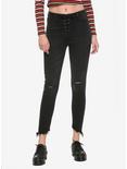 Black Lace-Up Front Distressed Skinny Jeans, BLACK, hi-res