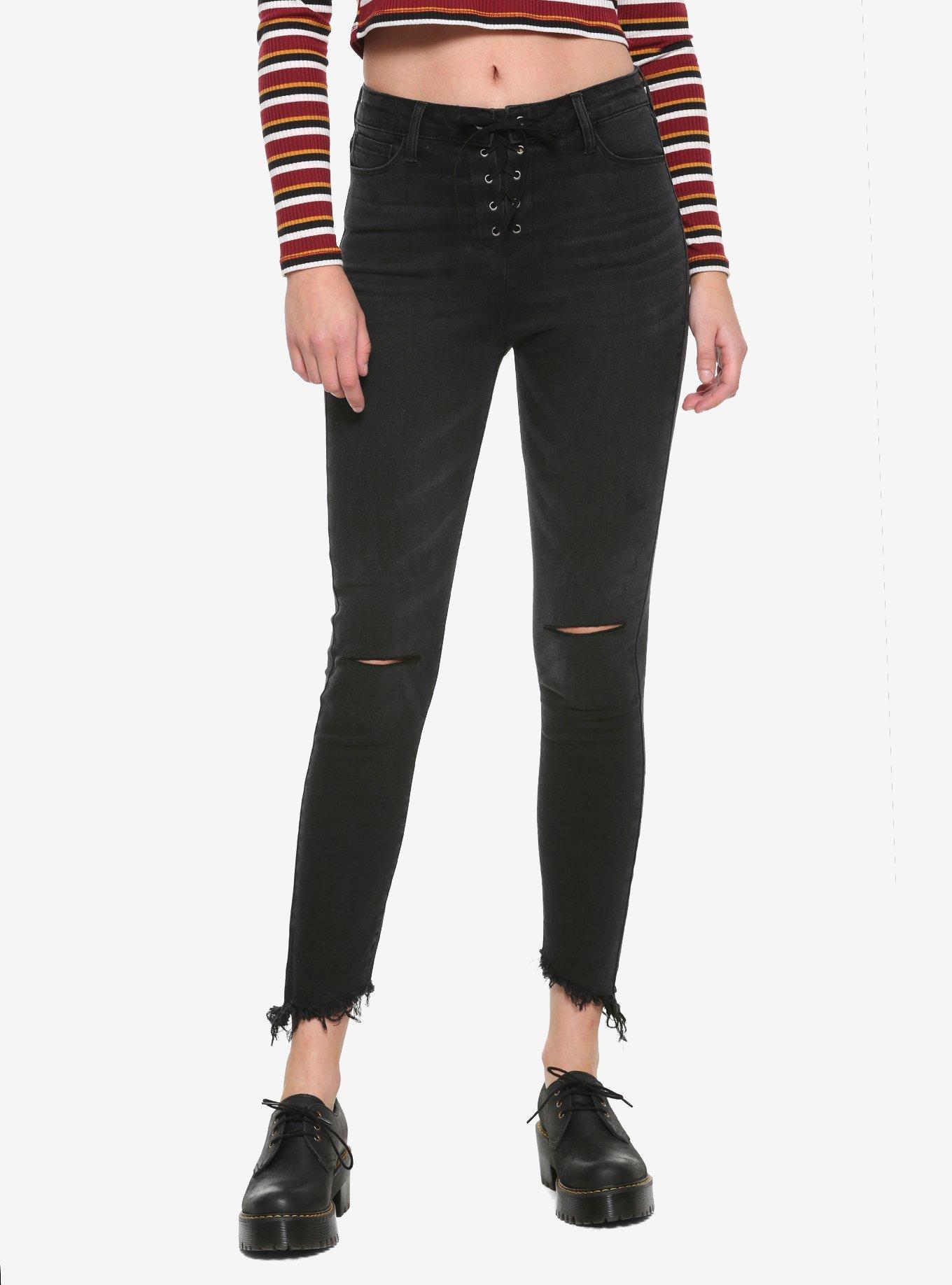 Black Lace-Up Front Distressed Skinny Jeans, BLACK, hi-res