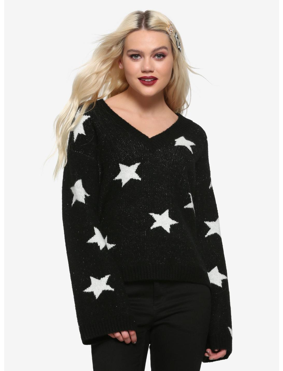 Black & White Star Girls Sweater, WHITE, hi-res