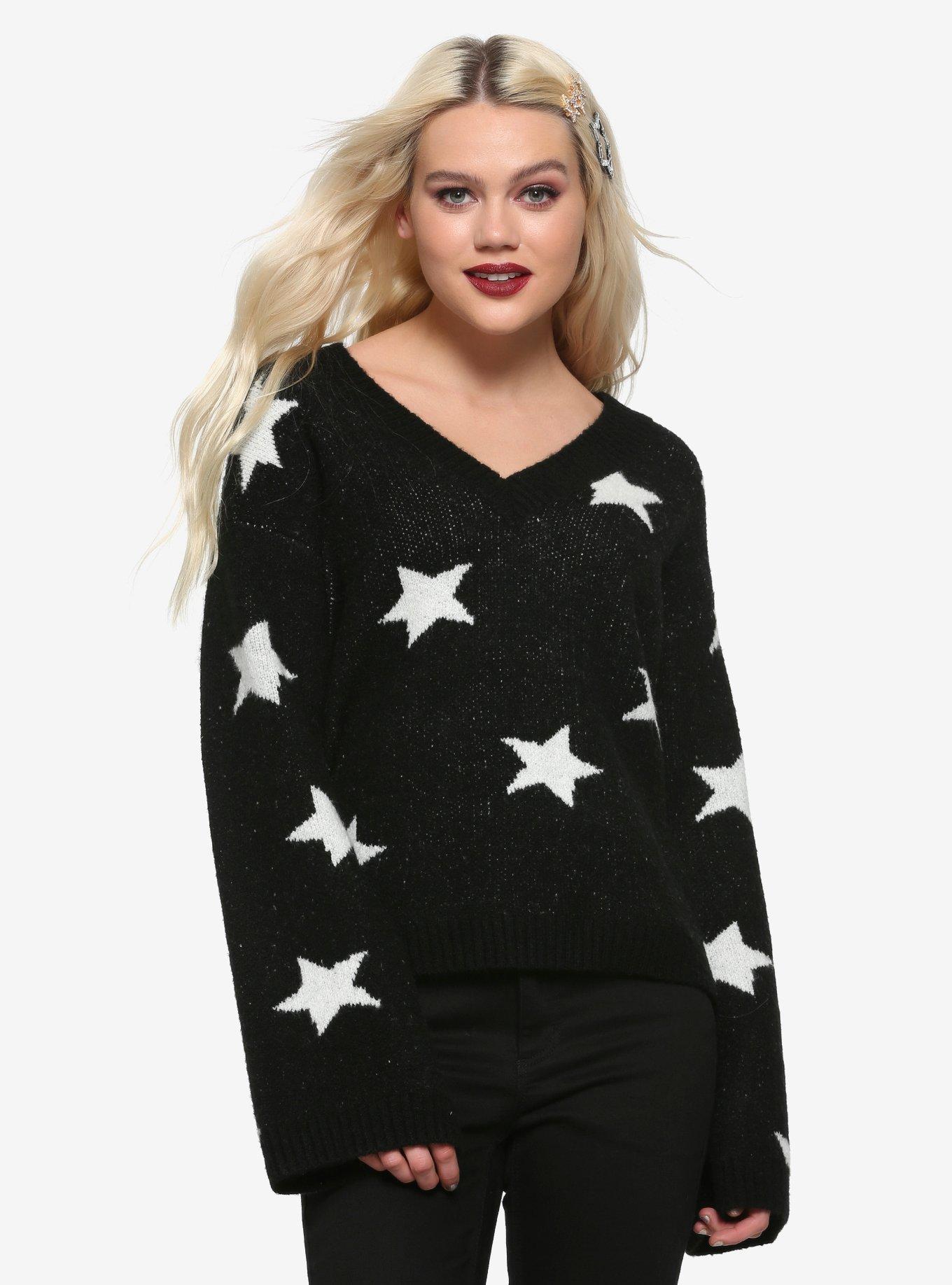 Black & White Star Girls Sweater, WHITE, hi-res