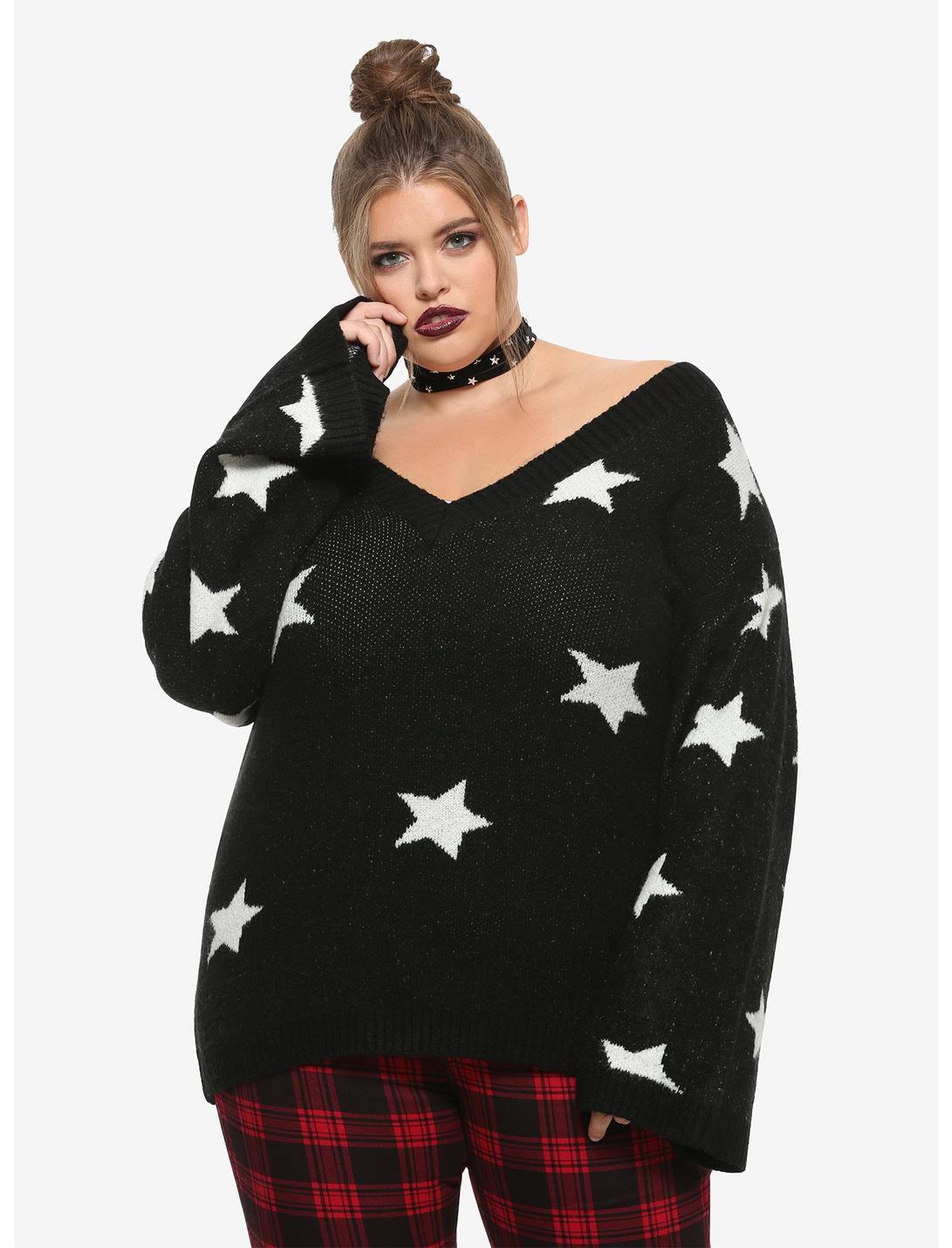 Black & White Star Girls Sweater Plus Size, WHITE, hi-res