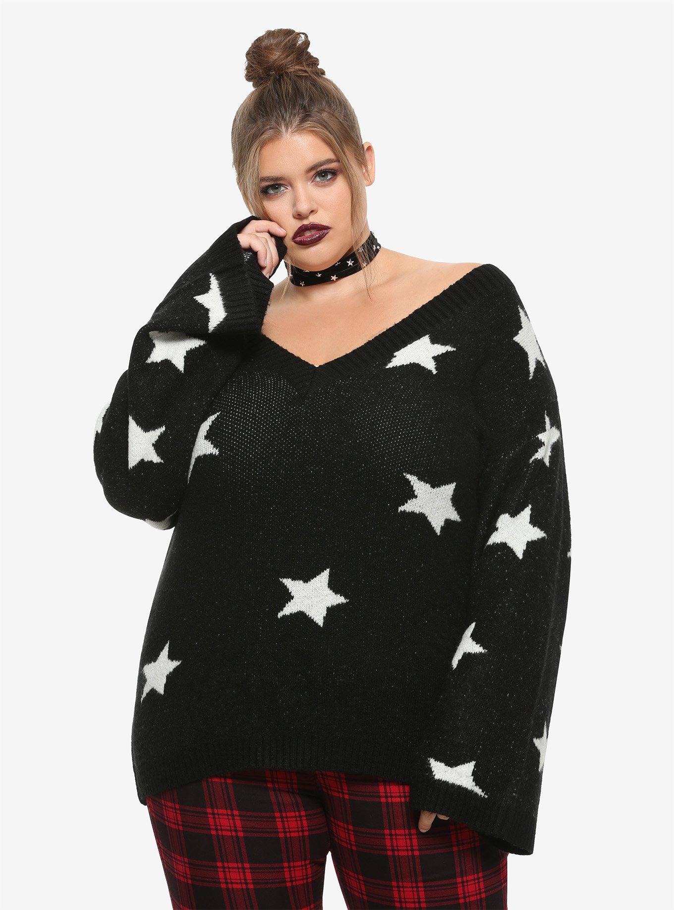 Black & White Star Girls Sweater Plus Size, WHITE, hi-res