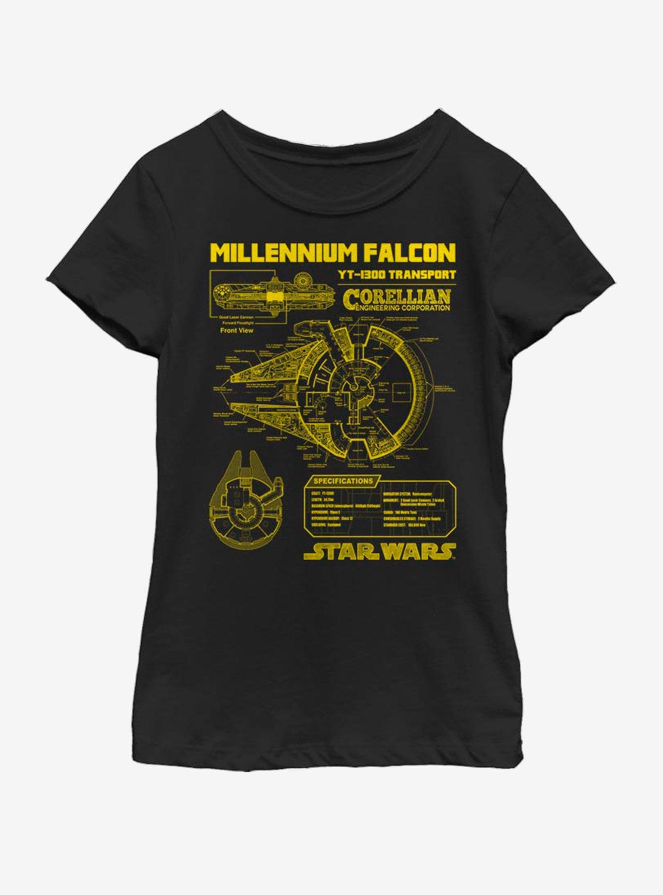 Star Wars Falcon Schematic Youth Girls T-Shirt, , hi-res