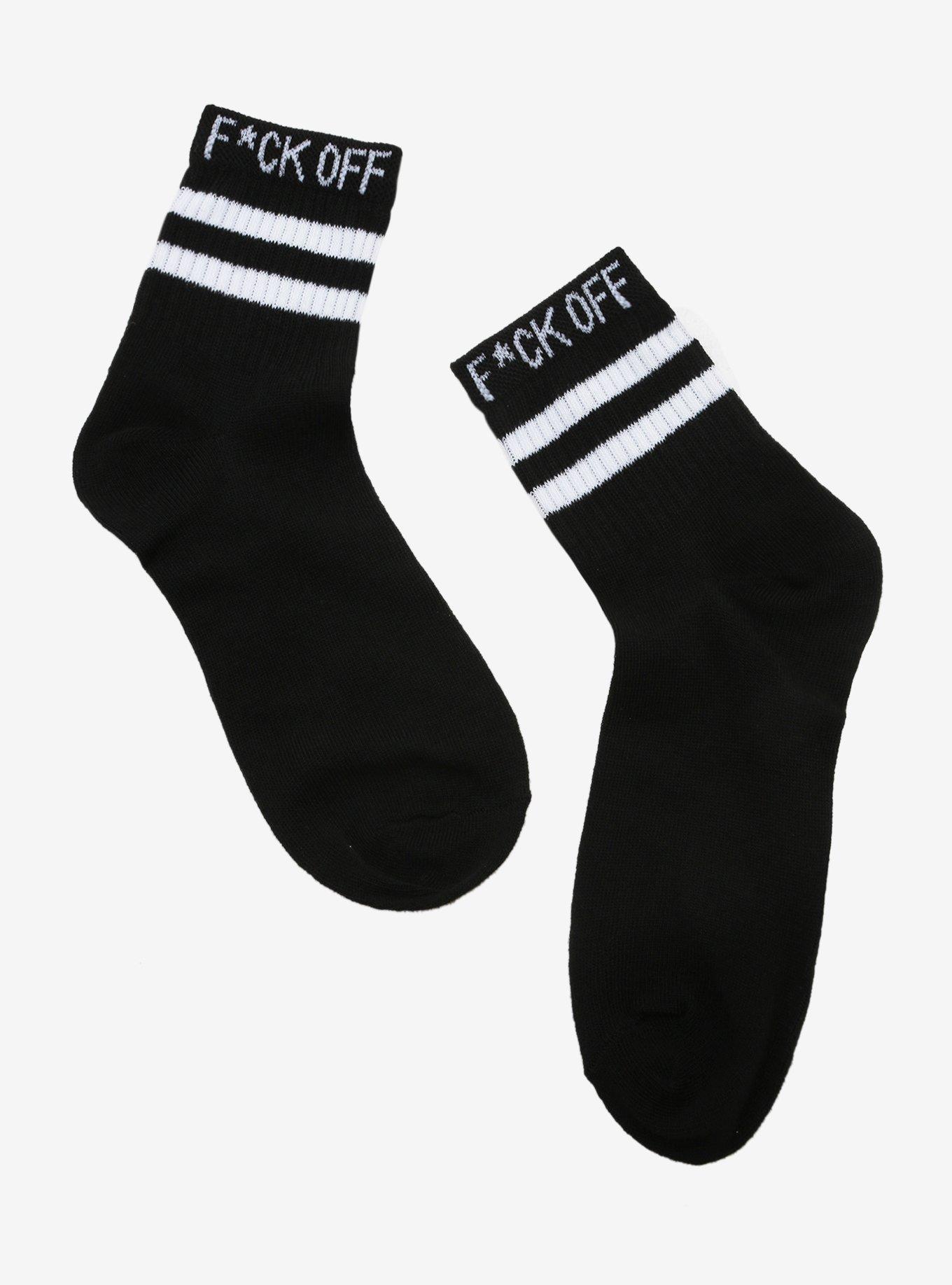 F*ck Off Black & White Varisty Stripe Ankle Socks | Hot Topic