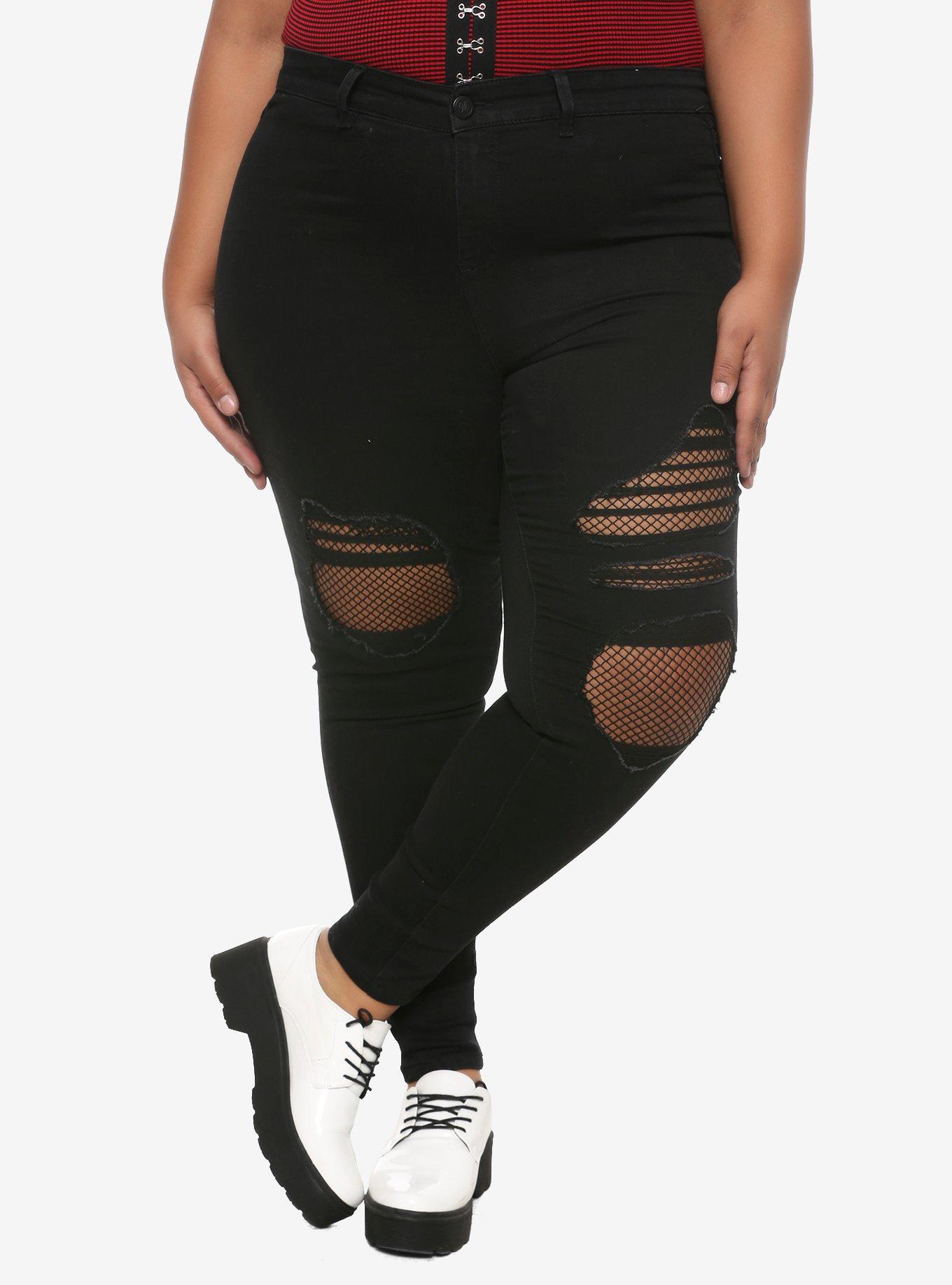 Destructed Fishnet Skinny Jeans Plus Size, BLACK, hi-res