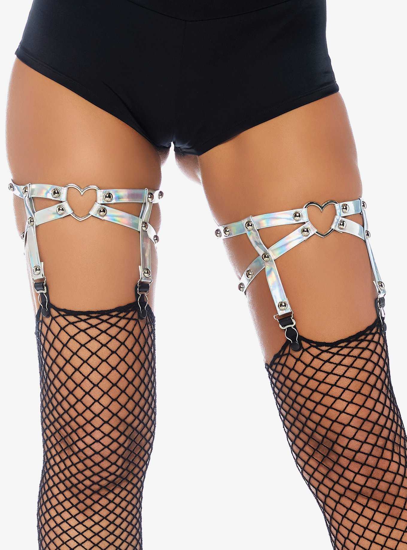 Dual Strap Holographic Garter With Hearts, , hi-res
