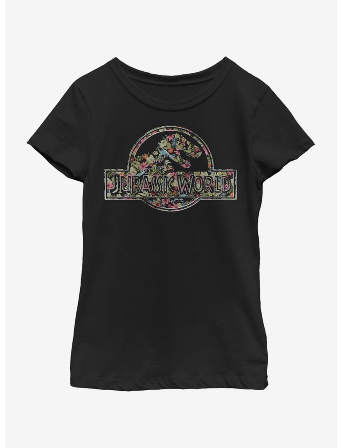 Jurassic World Logo Palm Pattern Youth Girls T-Shirt, BLACK, hi-res