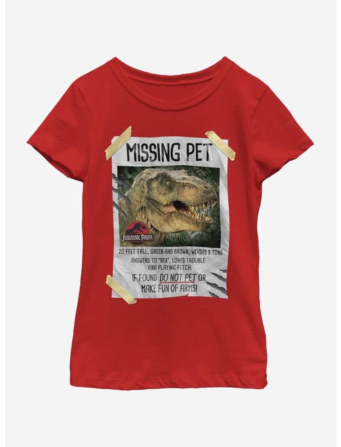 Jurassic Park Missing Pet Youth Girls T-Shirt, RED, hi-res
