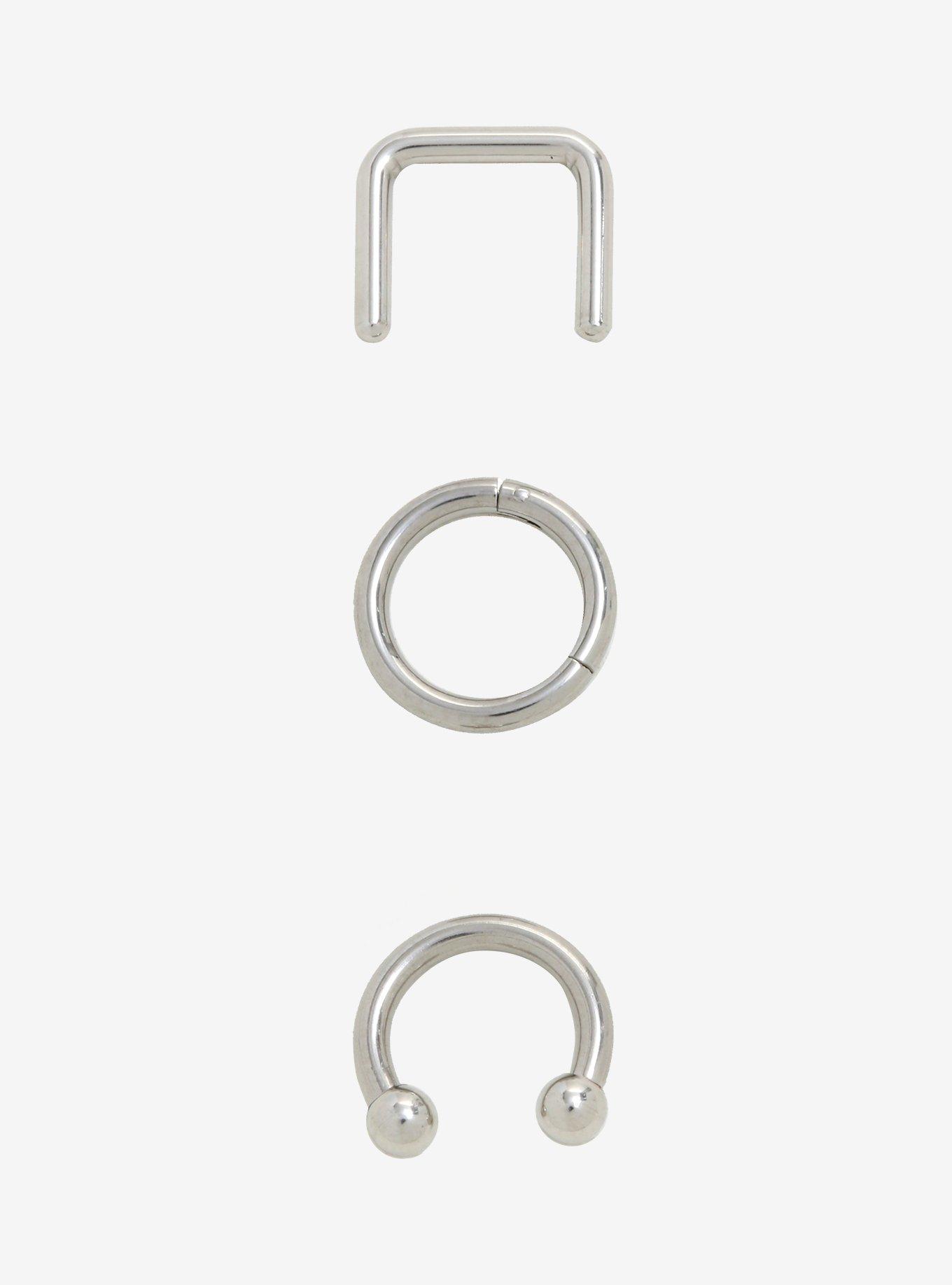 Steel Silver Septum Hoop Clicker & Retainer 3 Pack, MULTI, hi-res