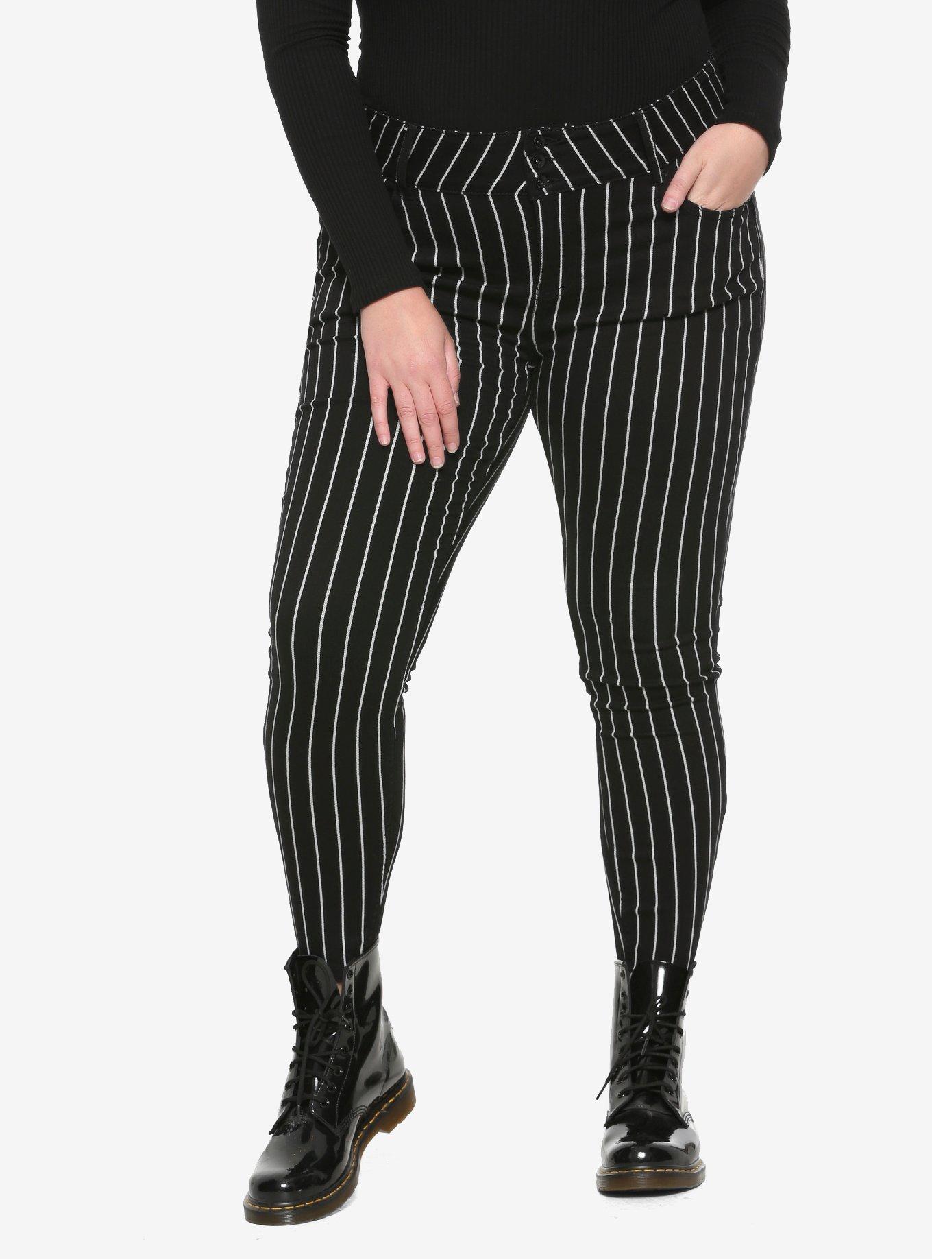 HT Denim Black & White Pinstripe Hi-Rise Super Skinny Jeans Plus Size, STRIPE - WHITE, hi-res