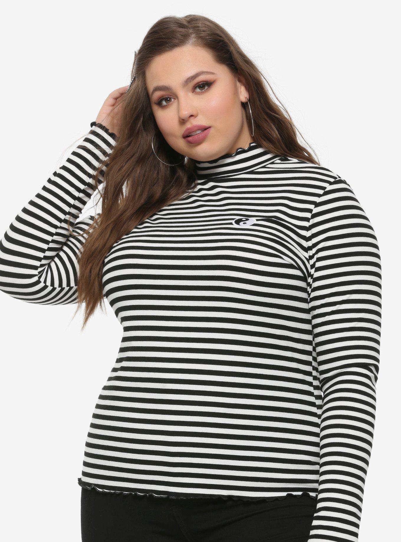 Yin-Yang Striped Girls Mock Neck Long-Sleeve T-Shirt Plus Size, BLACK, hi-res