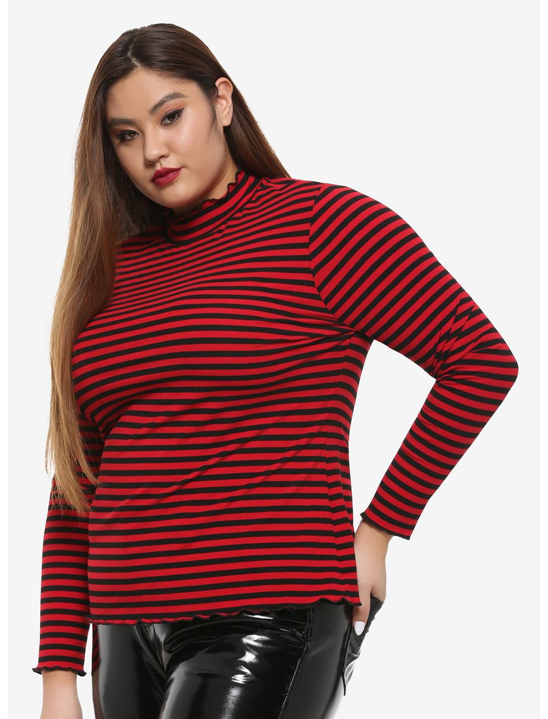 Black & Red Stripe Lettuce Hem Girls Long-Sleeve Top Plus Size, BLACK, hi-res