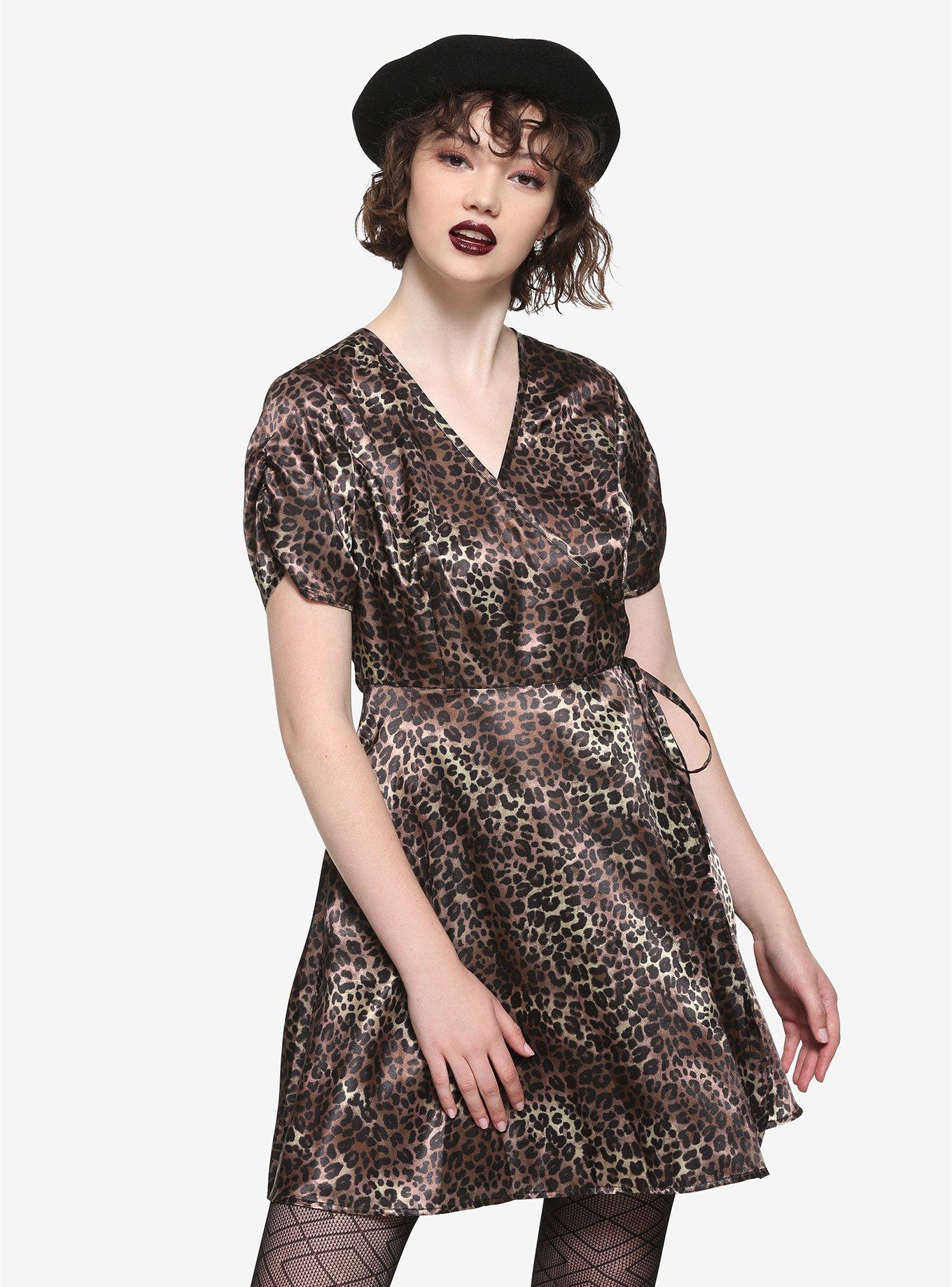Leopard Print Satin Wrap Dress, LEOPARD, hi-res