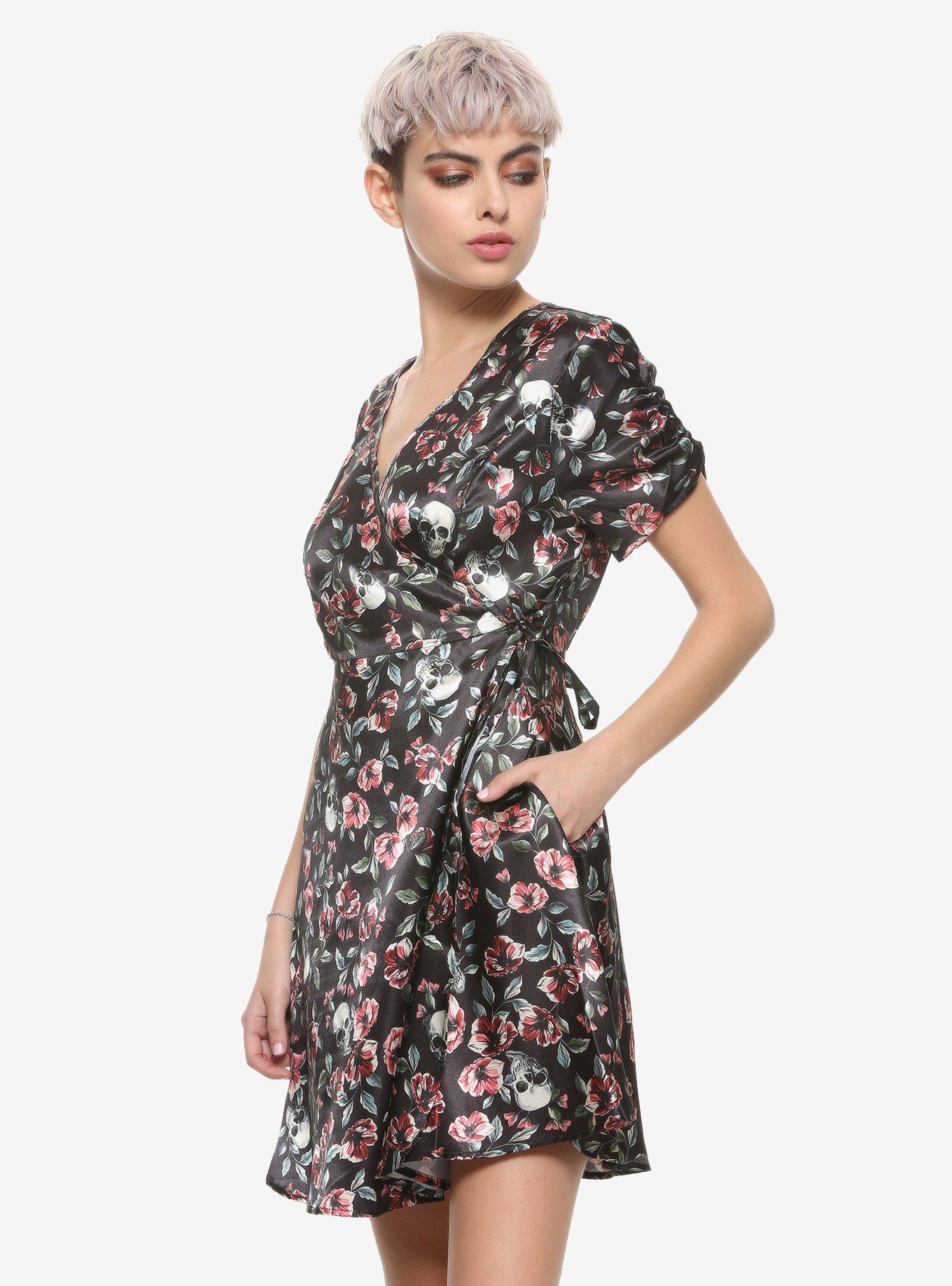 Skulls & Florals Satin Wrap Dress, FLORAL, hi-res