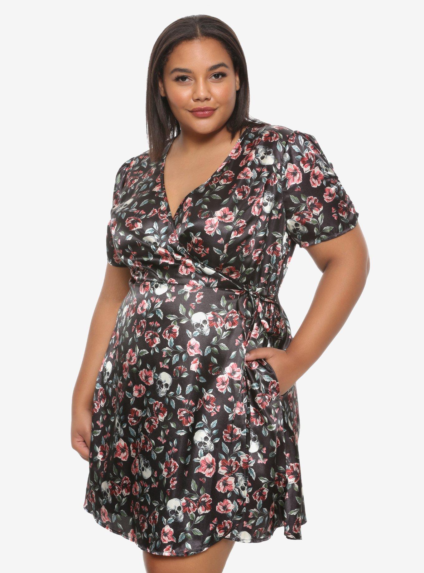 Skulls & Florals Satin Wrap-Front Dress Plus Size, FLORAL, hi-res