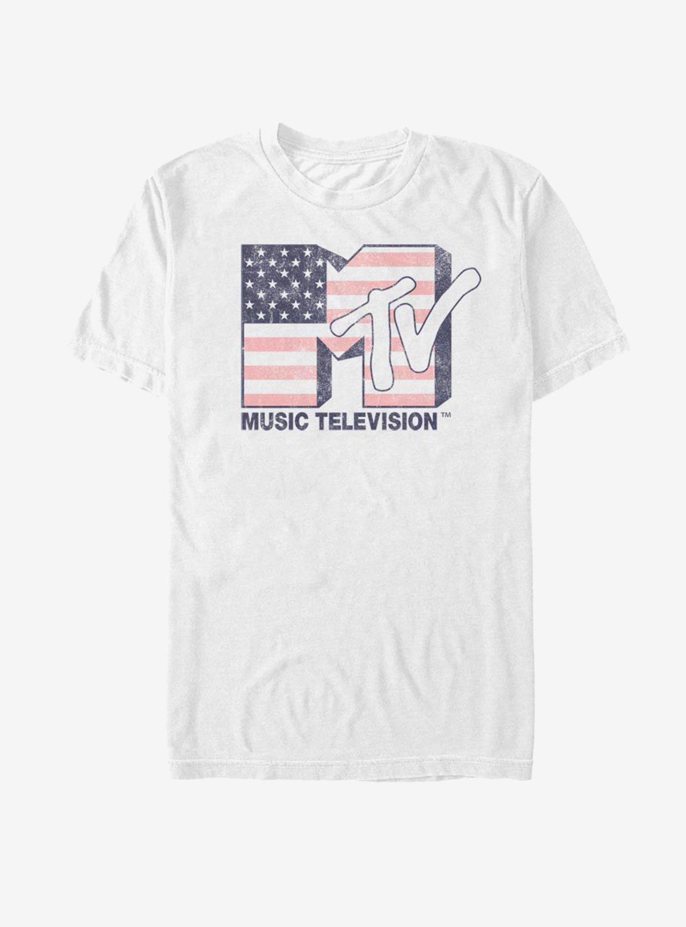 MTV Music Television Men's T-Shirt - USA American Flag Distressed Print, Vintage Style Tee