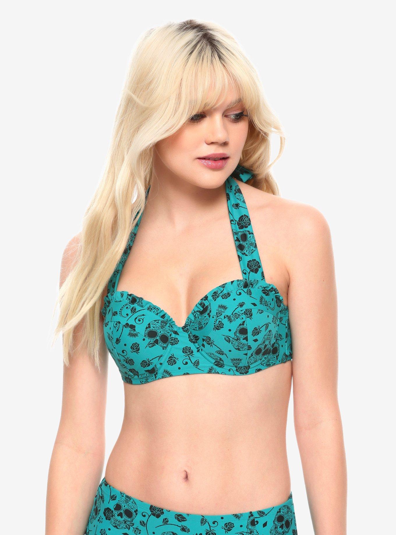 Teal Skull & Roses Halter Swim Top, MULTI, hi-res