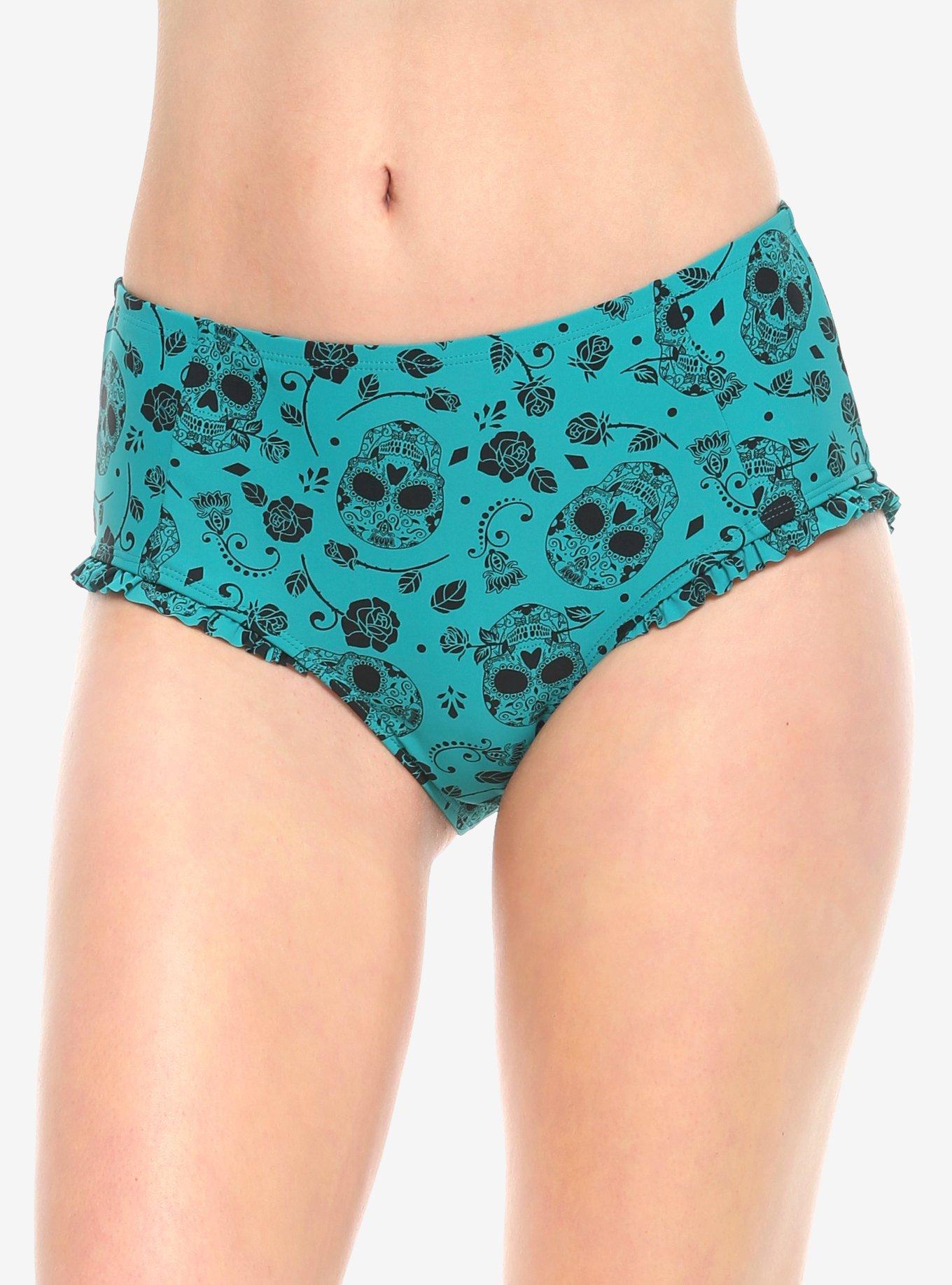 Teal Skull & Roses High-Waisted Ruffle Swim Bottoms, MULTI, hi-res