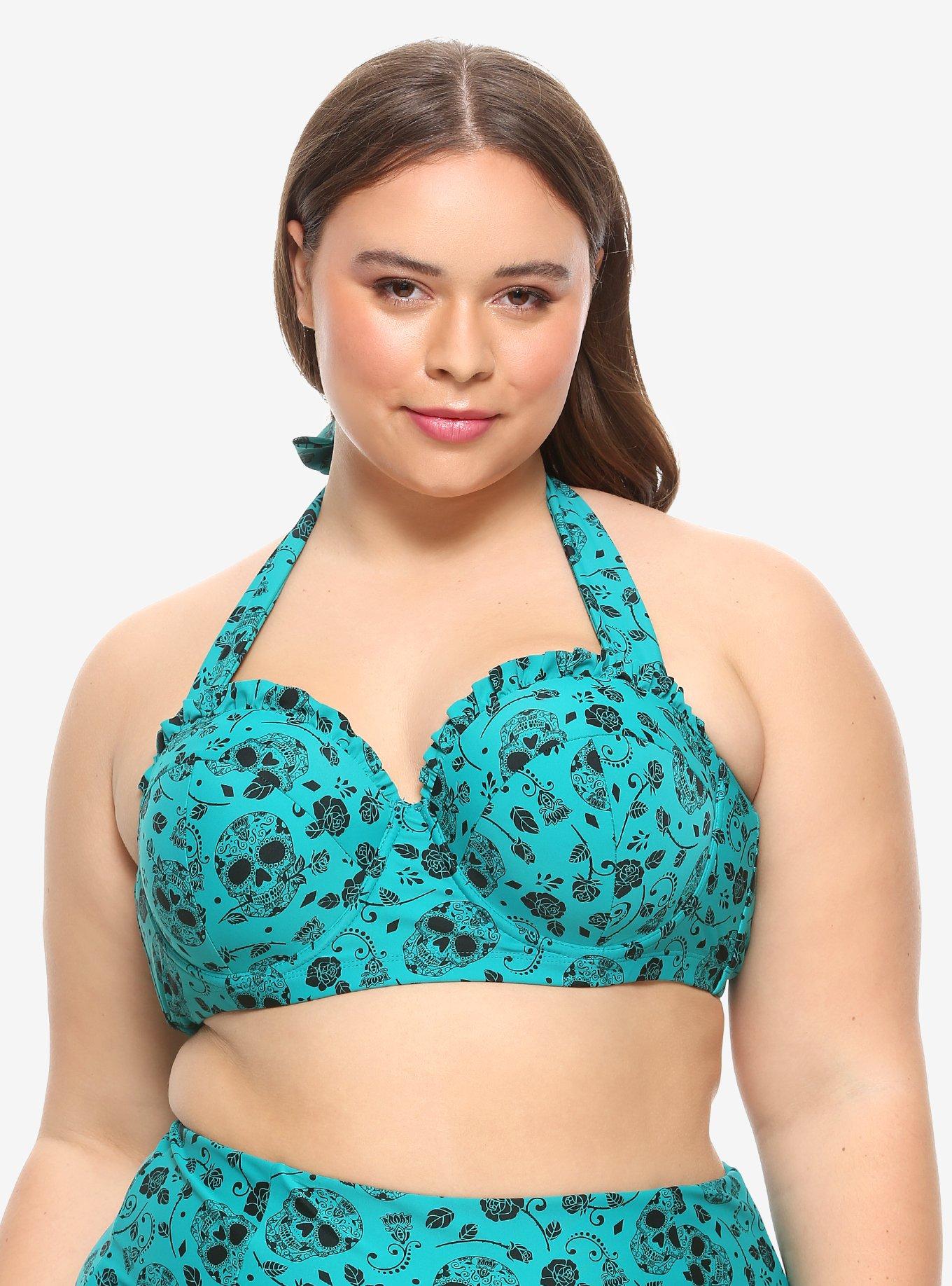 Teal Skull And Roses Halter Swim Top Plus Size Hot Topic 