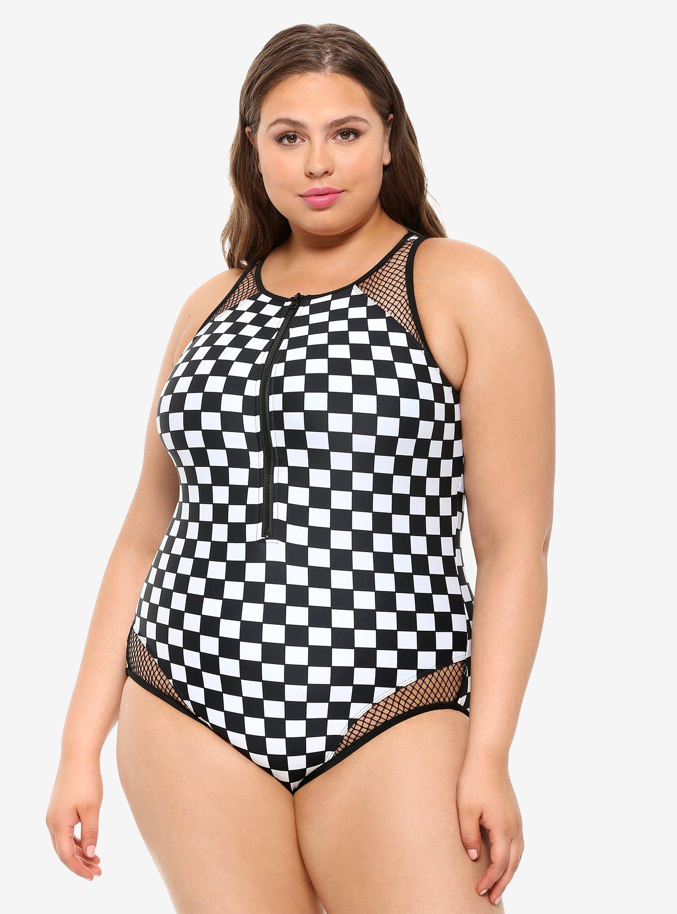 Black White Checkered Zip Up Swimsuit Plus Size