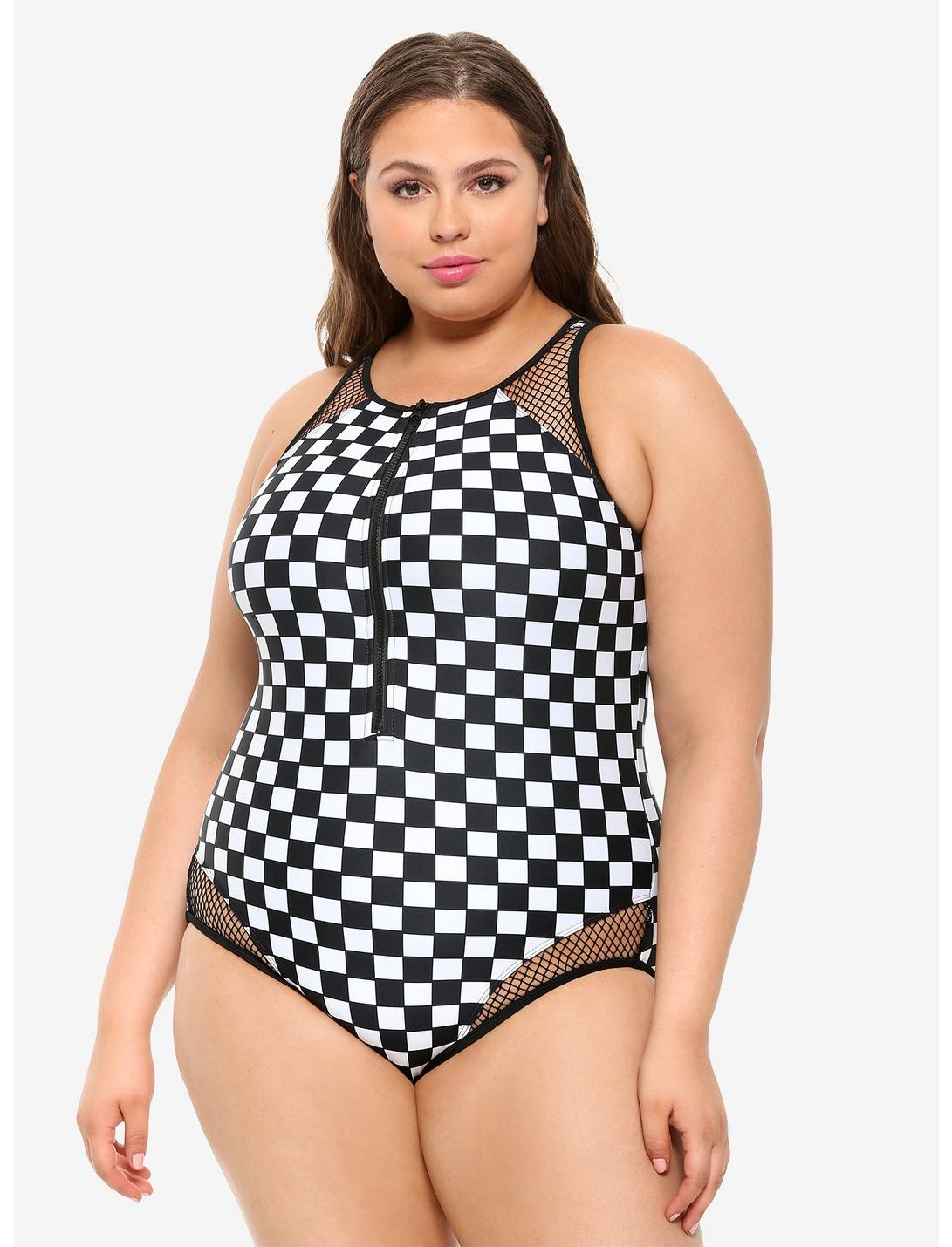 Black & White Checkered Zip-Up Swimsuit Plus Size, MULTI, hi-res
