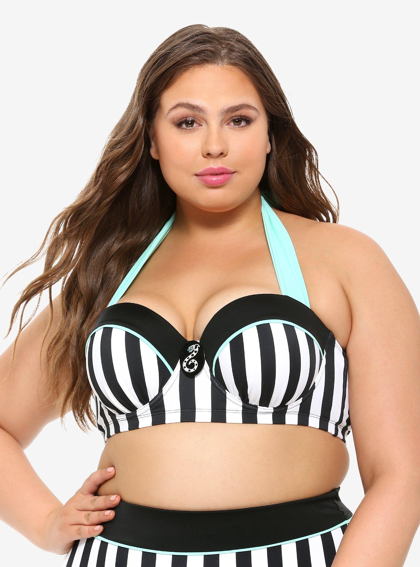 Beetlejuice Striped Halter Swim Top Plus Size, MULTI, hi-res