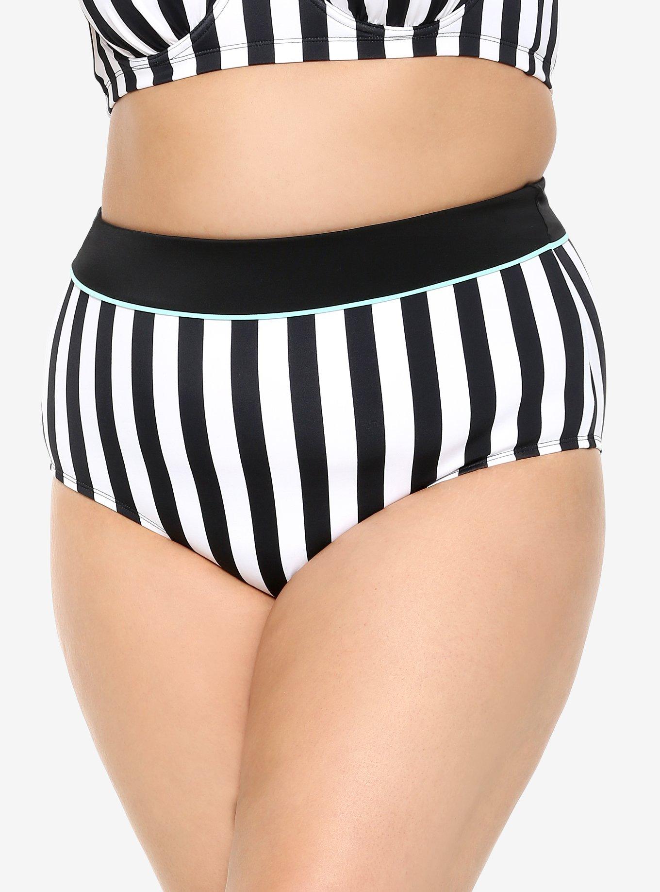 Beetlejuice Striped High-Waisted Swim Bottoms Plus Size, MULTI, hi-res