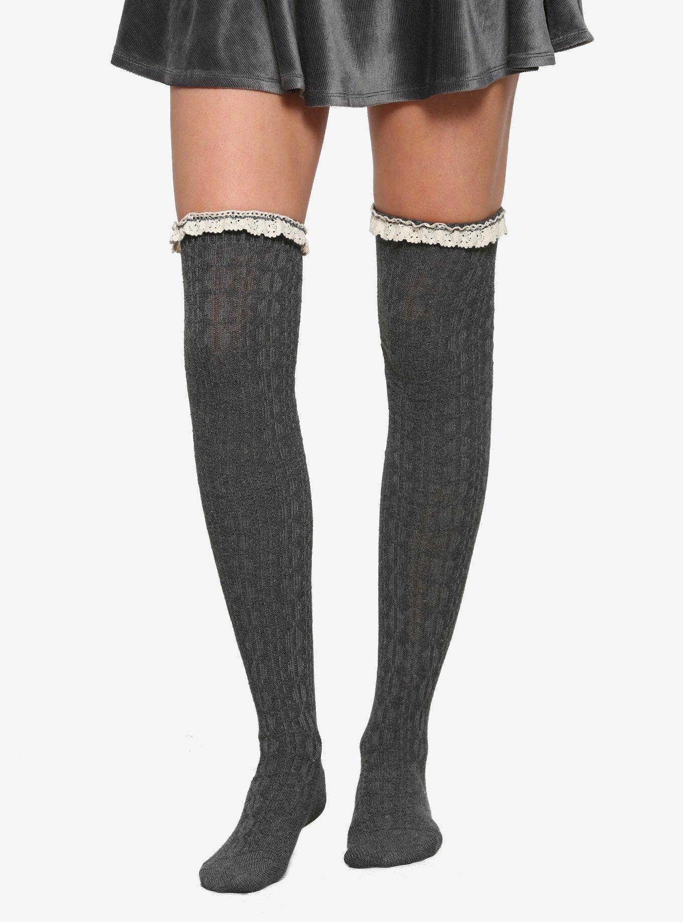 Grey Lace Over-The-Knee Socks, , hi-res