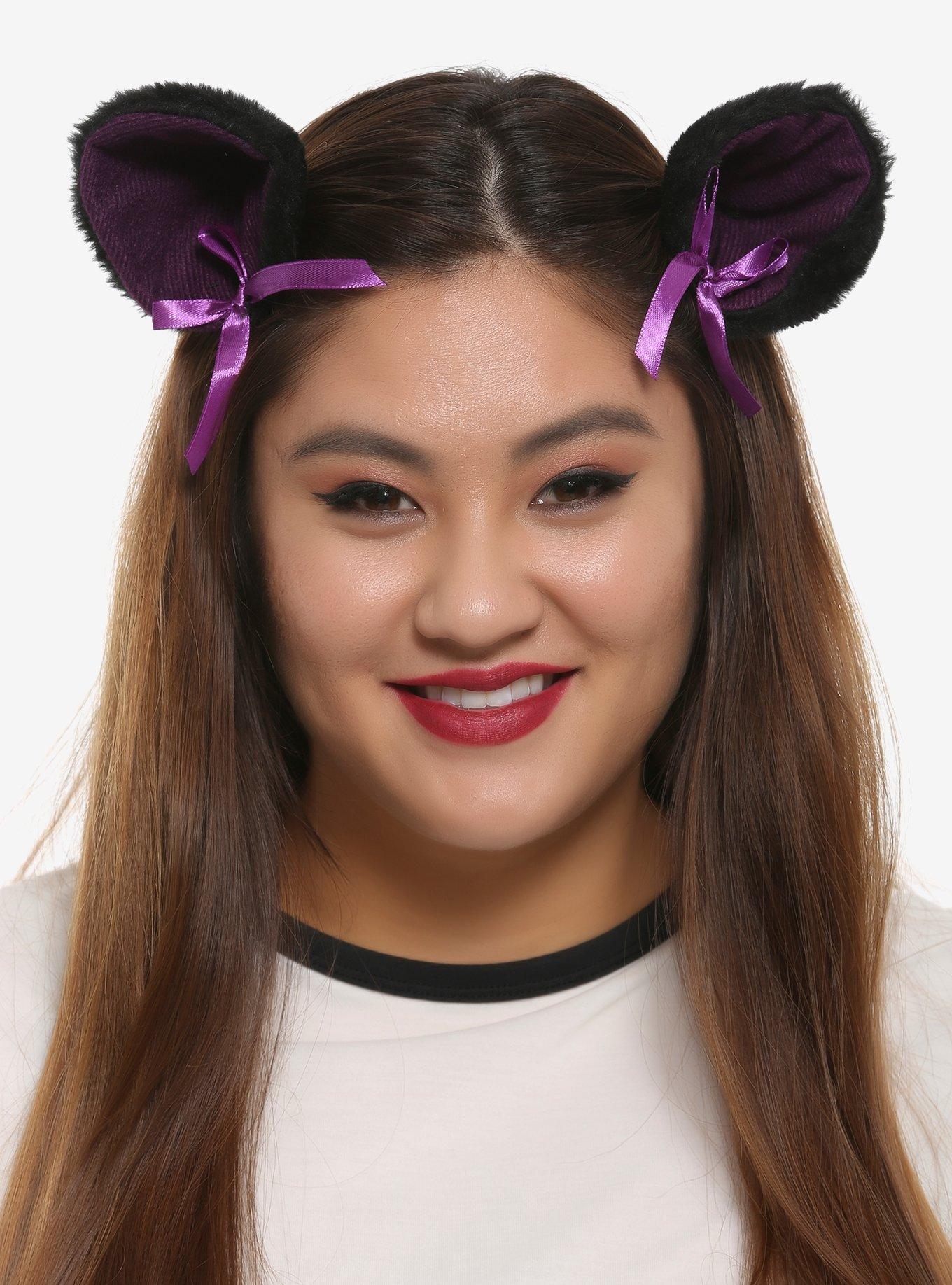 Black & Purple Fuzzy Cat Ear Hair Clips, , hi-res