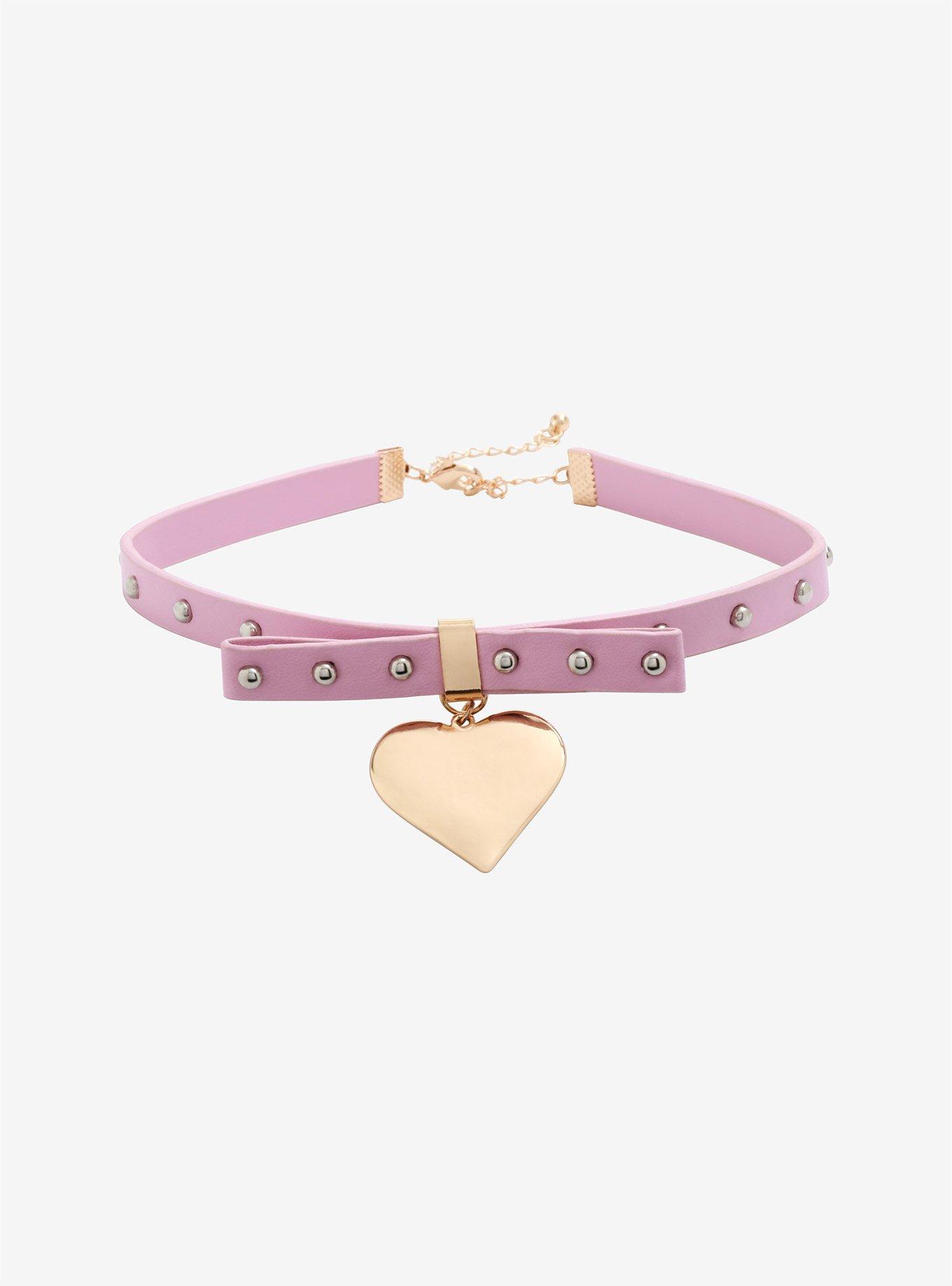 Gold Heart Charm Pink Choker, , hi-res