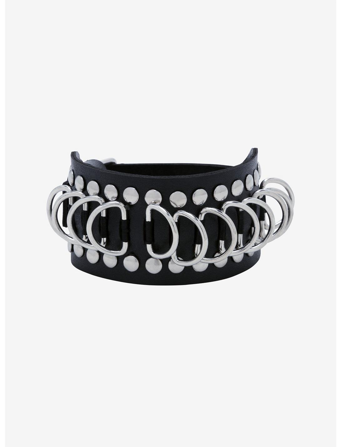 Black D-Ring Faux Leather Bracelet, , hi-res