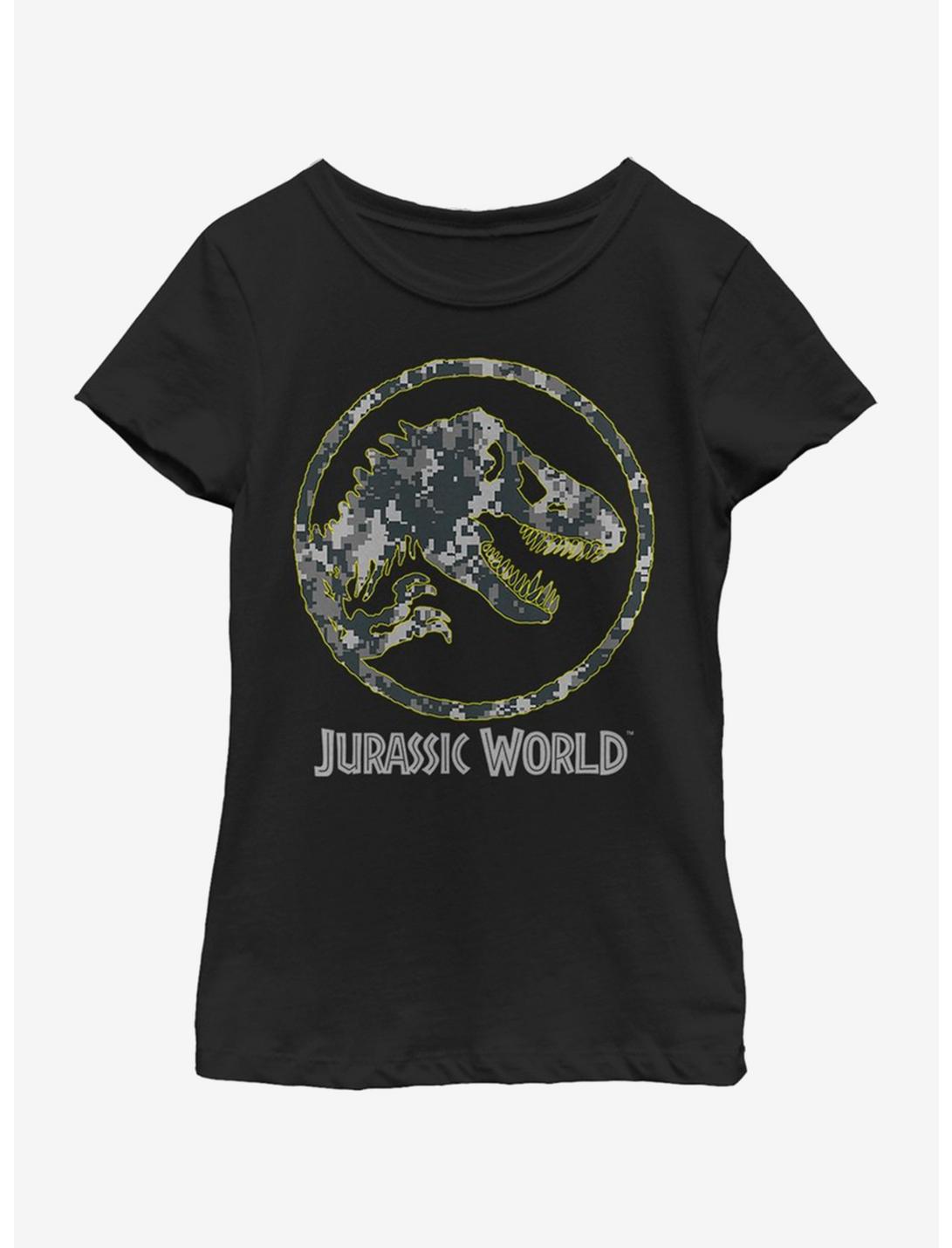 Jurassic Park Camo Yellow Dino Youth Girls T-Shirt, BLACK, hi-res