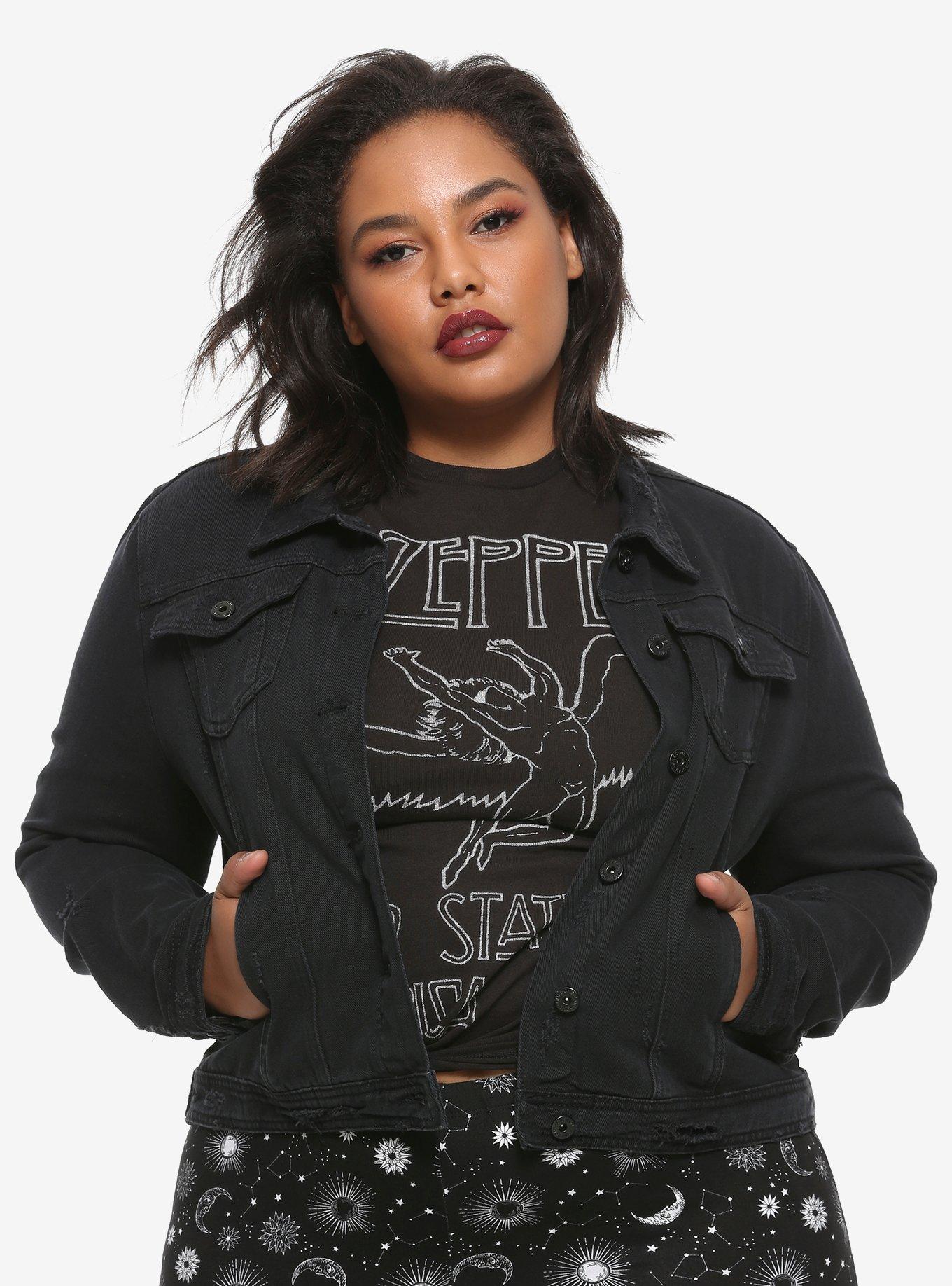 Destructed Girls Black Denim Jacket Plus Size, DENIM, hi-res