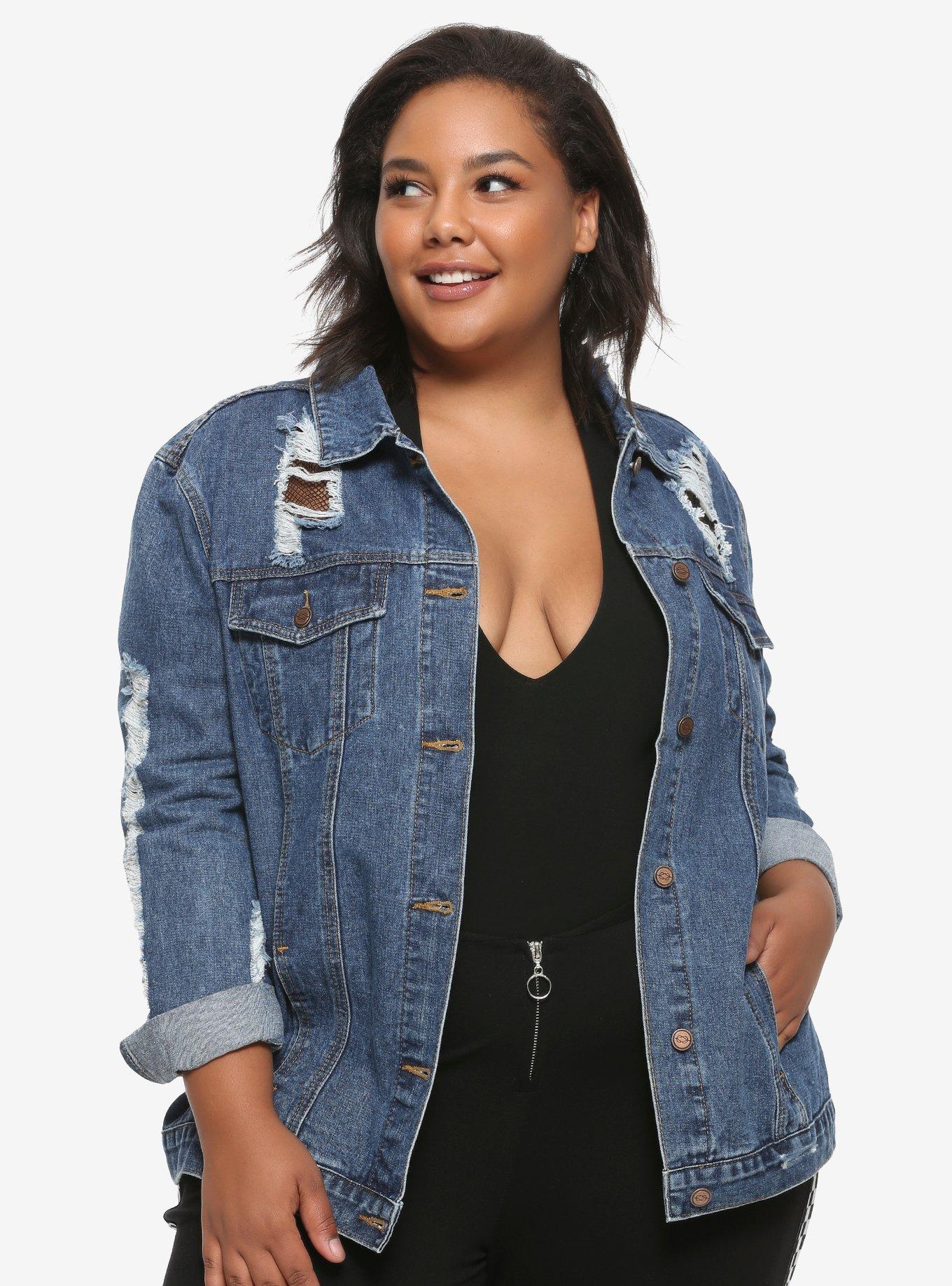 Destructed Fishnet Girls Denim Jacket Plus Size, DENIM, hi-res