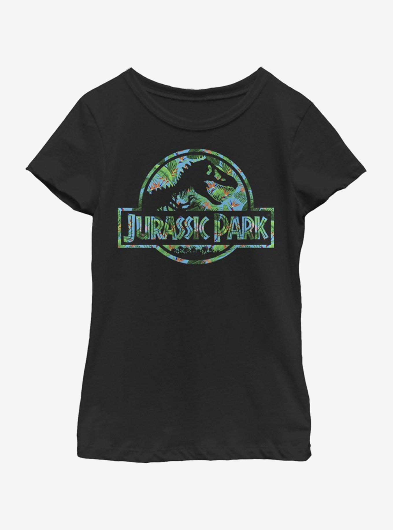 Jurassic Park Floral Logo Youth Girls T-Shirt, BLACK, hi-res